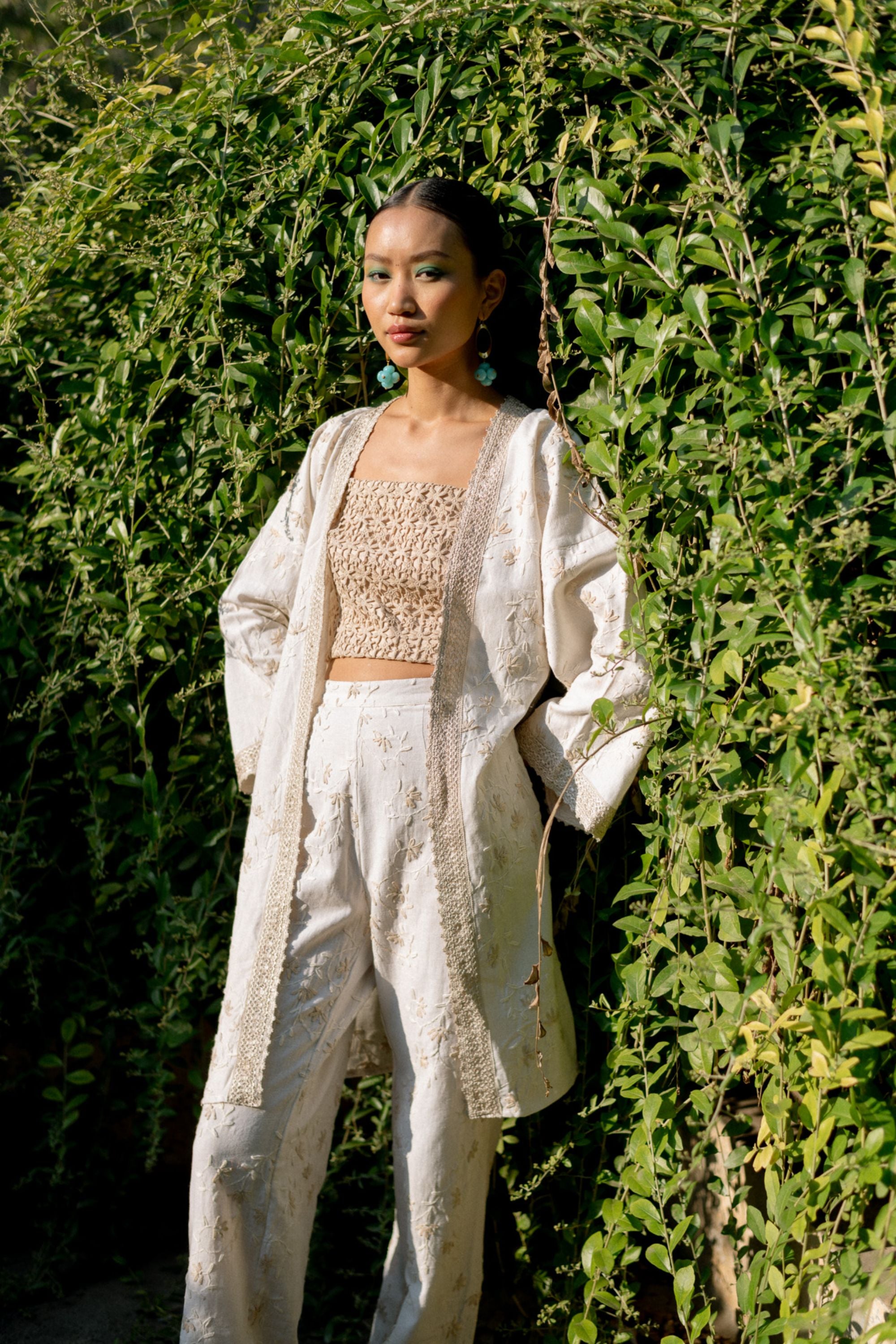Embroidered Linen Kaftan Shrug with Nude Bralette & Threadwork Pants