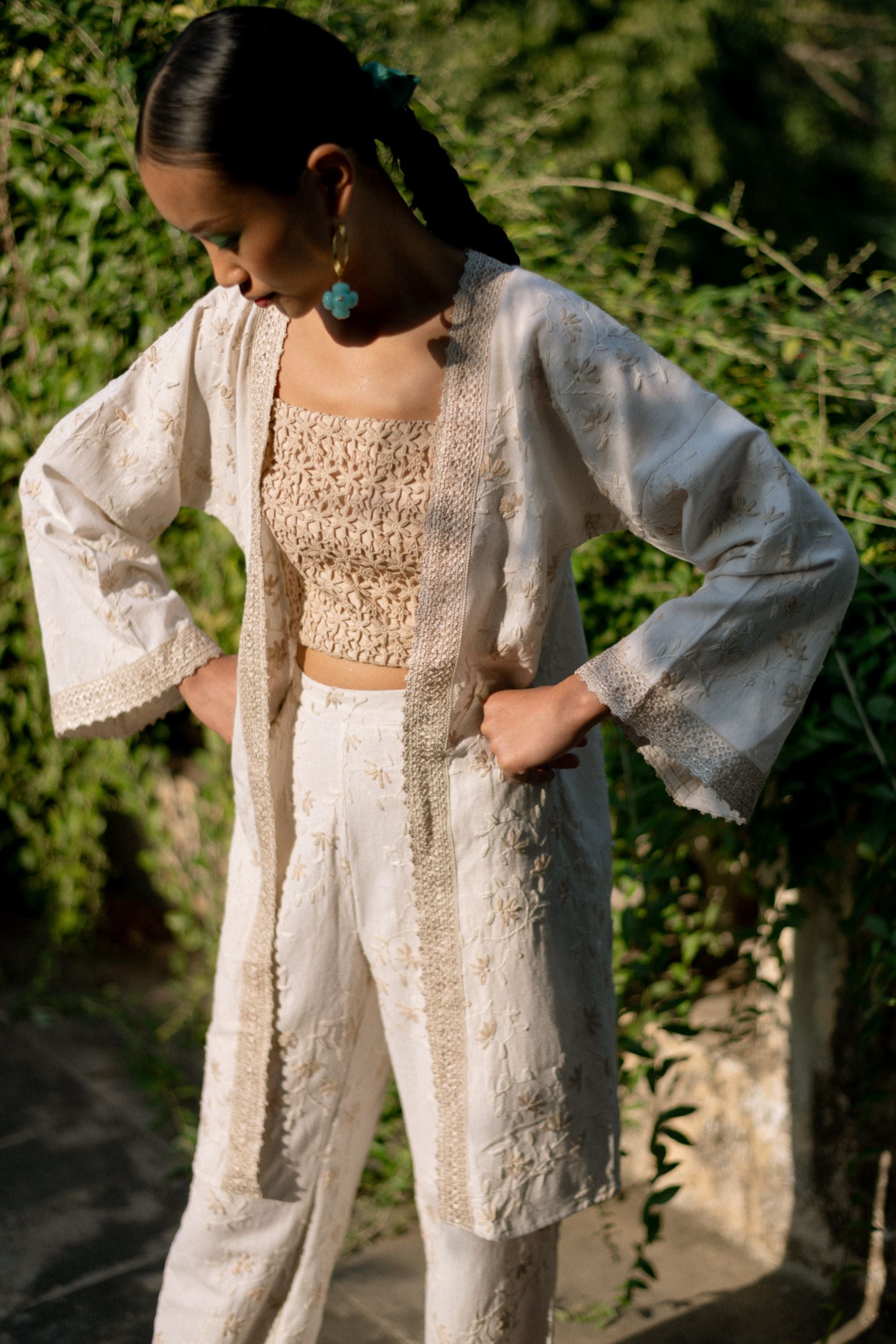 Embroidered Linen Kaftan Shrug with Nude Bralette & Threadwork Pants