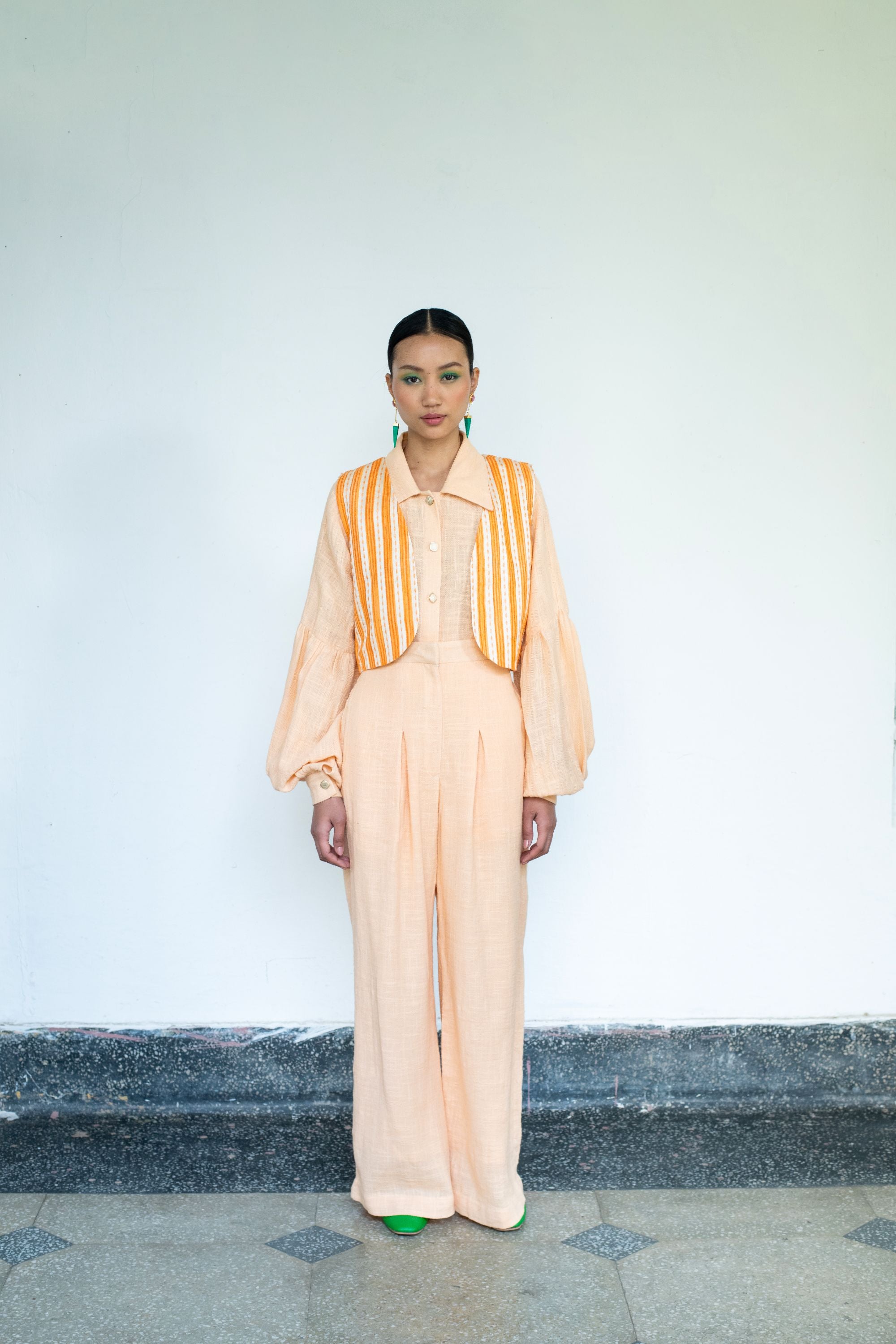 Linen Bishop Sleeve Shirt with Pleated Pants & Short Jacket