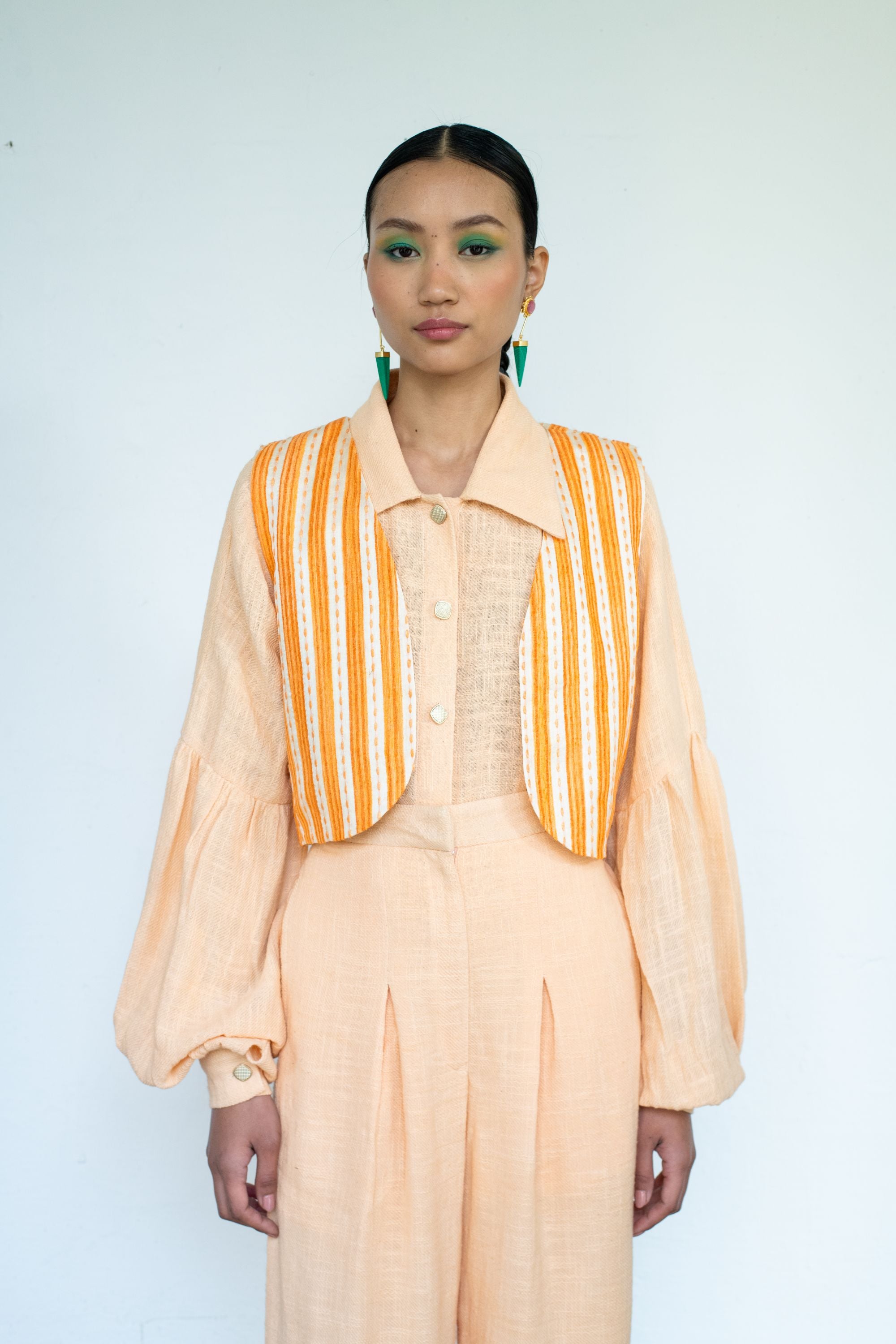 Linen Bishop Sleeve Shirt with Pleated Pants & Short Jacket