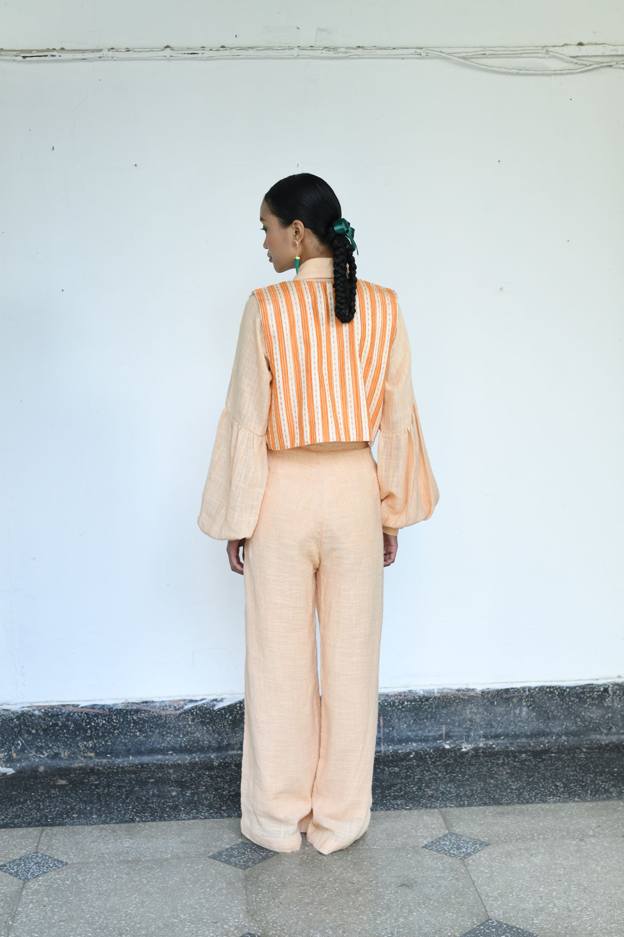 Linen Bishop Sleeve Shirt with Pleated Pants & Short Jacket