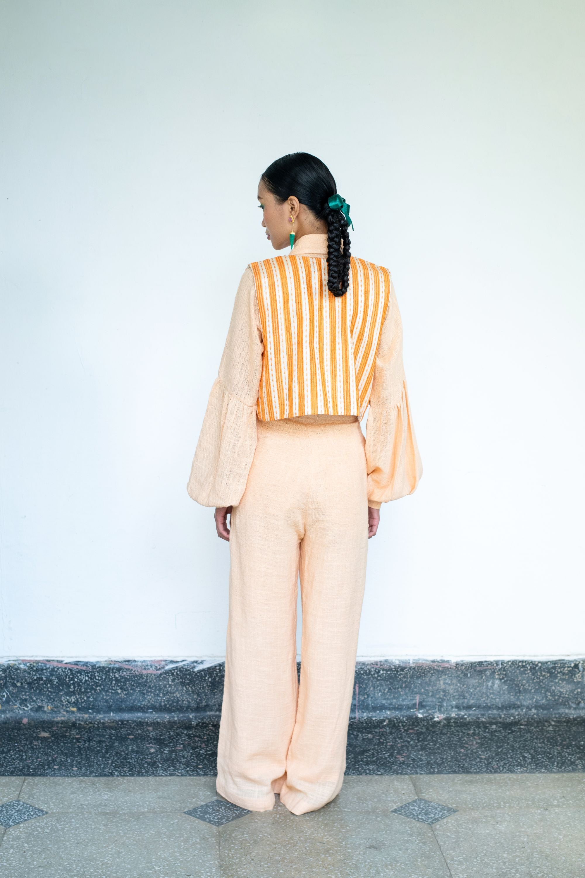 Linen Bishop Sleeve Shirt with Pleated Pants & Short Jacket