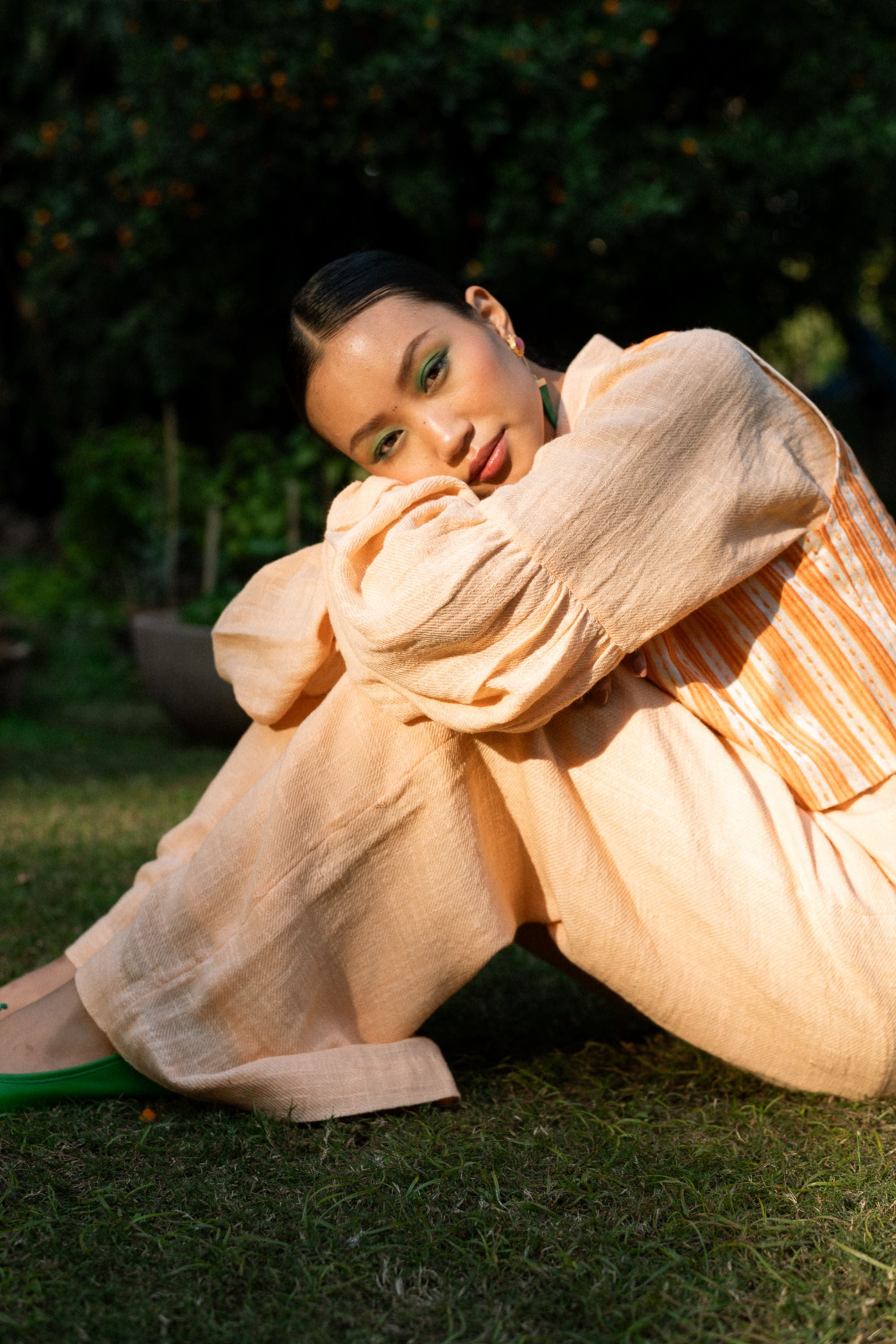 Linen Bishop Sleeve Shirt with Pleated Pants & Short Jacket
