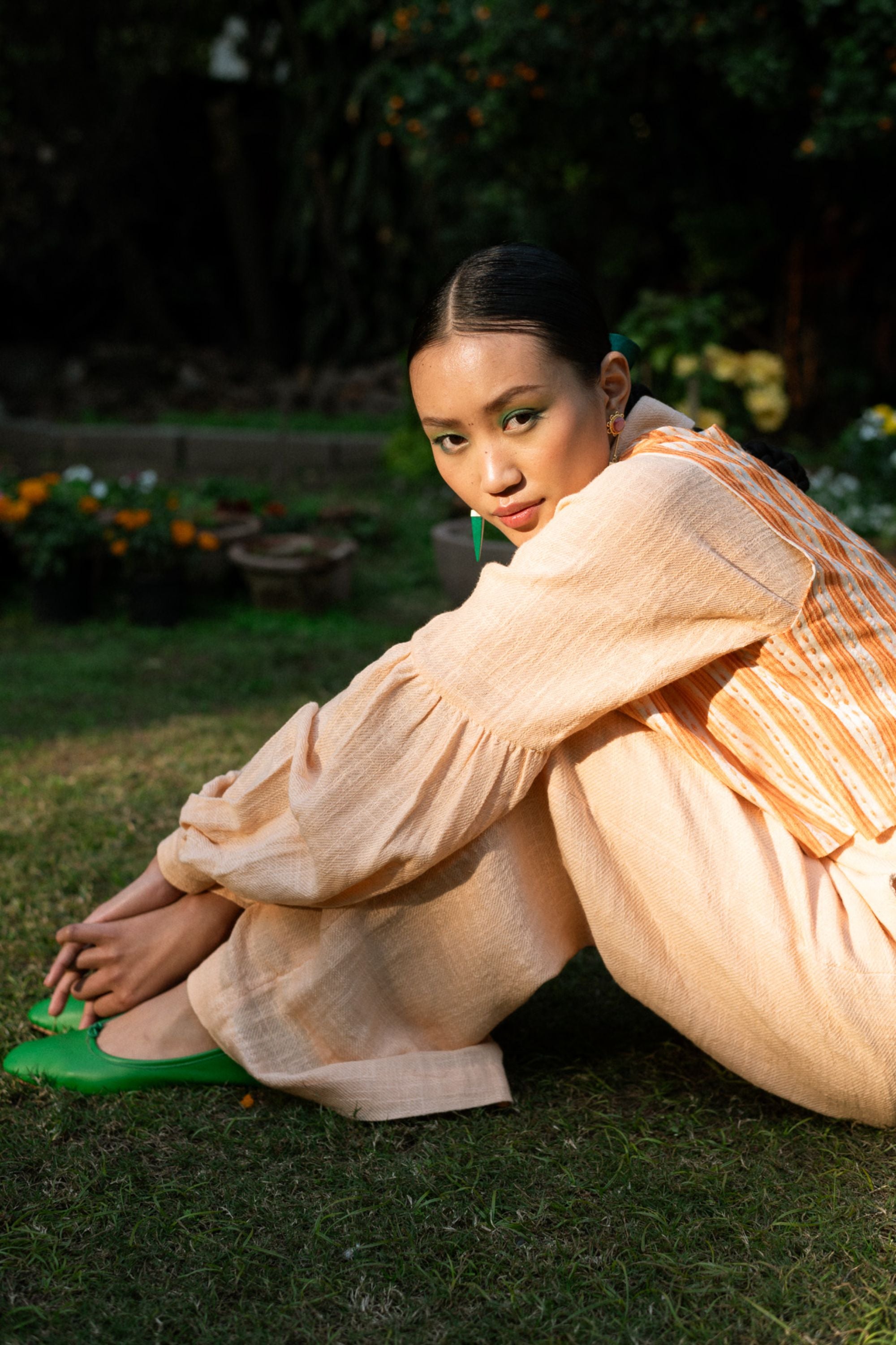 Linen Bishop Sleeve Shirt with Pleated Pants & Short Jacket