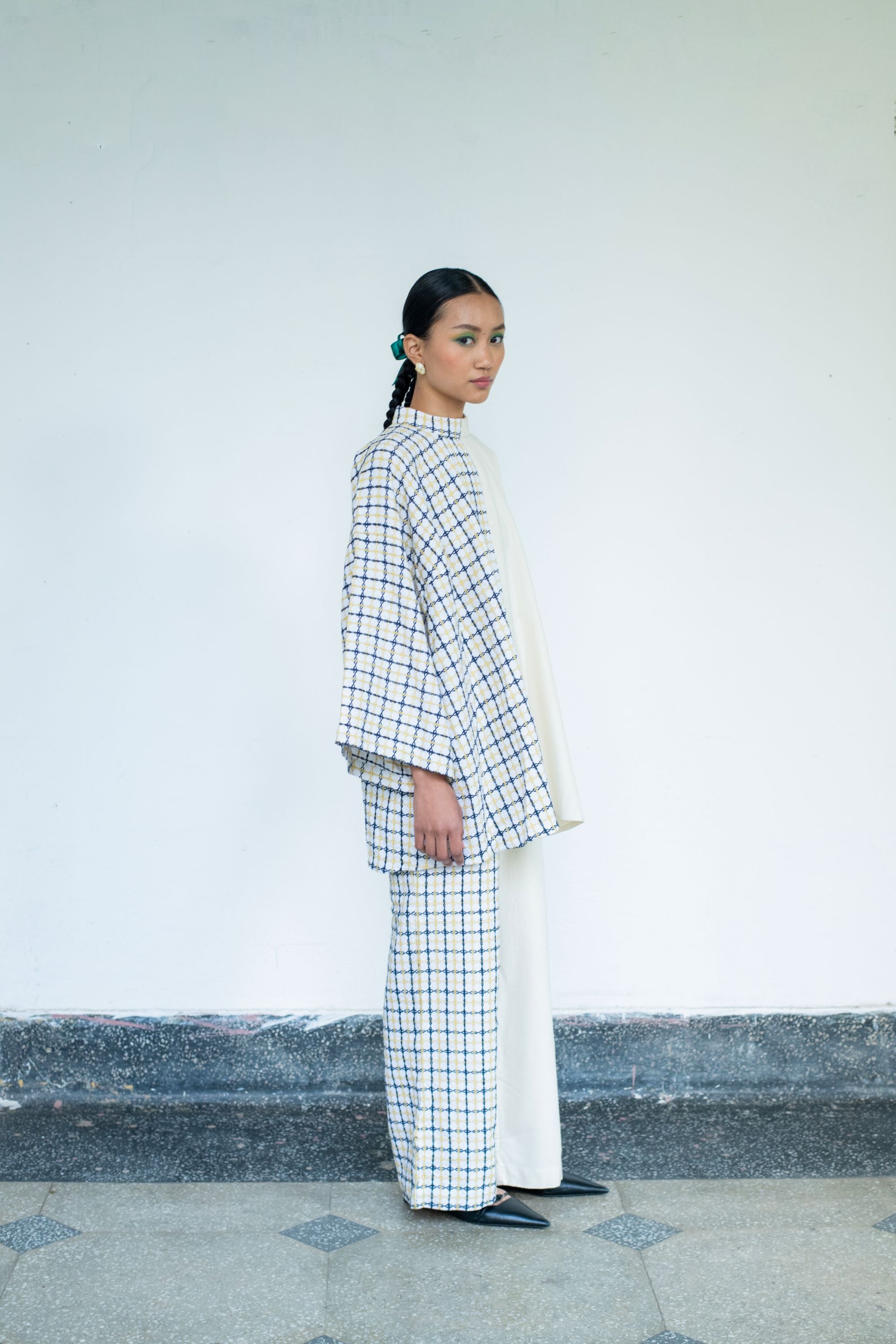 Oversized High-Neck Linen Top with Flared Pants