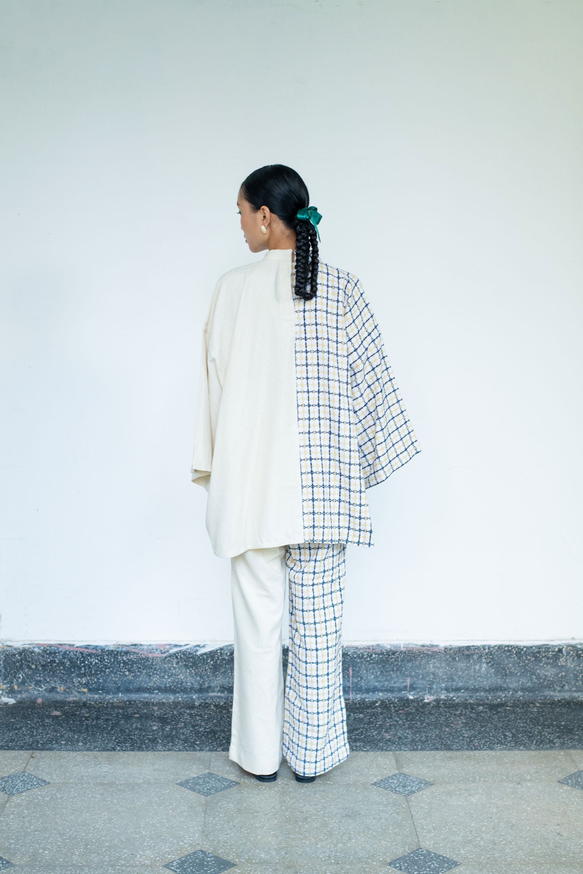 Oversized High-Neck Linen Top with Flared Pants