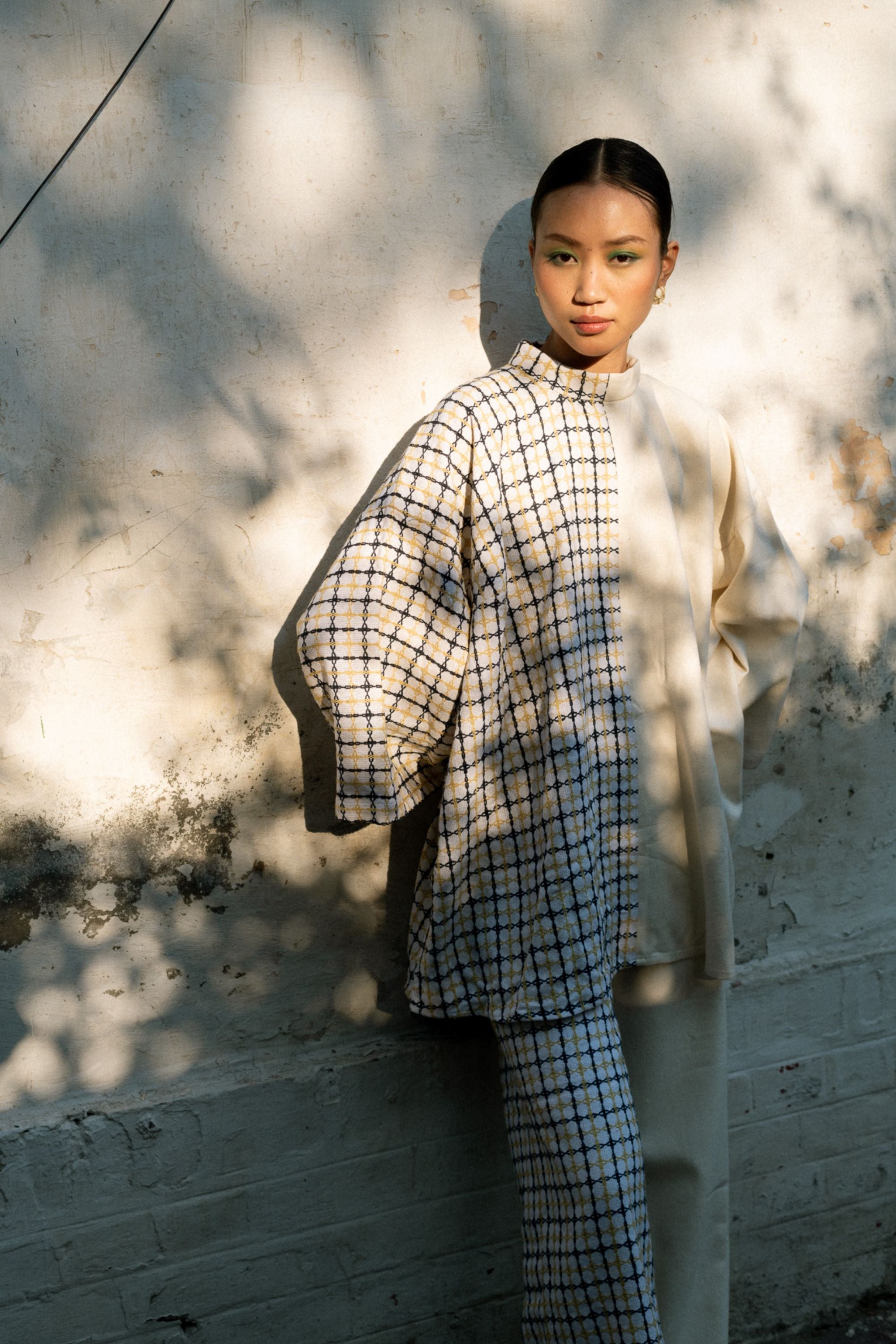 Oversized High-Neck Linen Top with Flared Pants