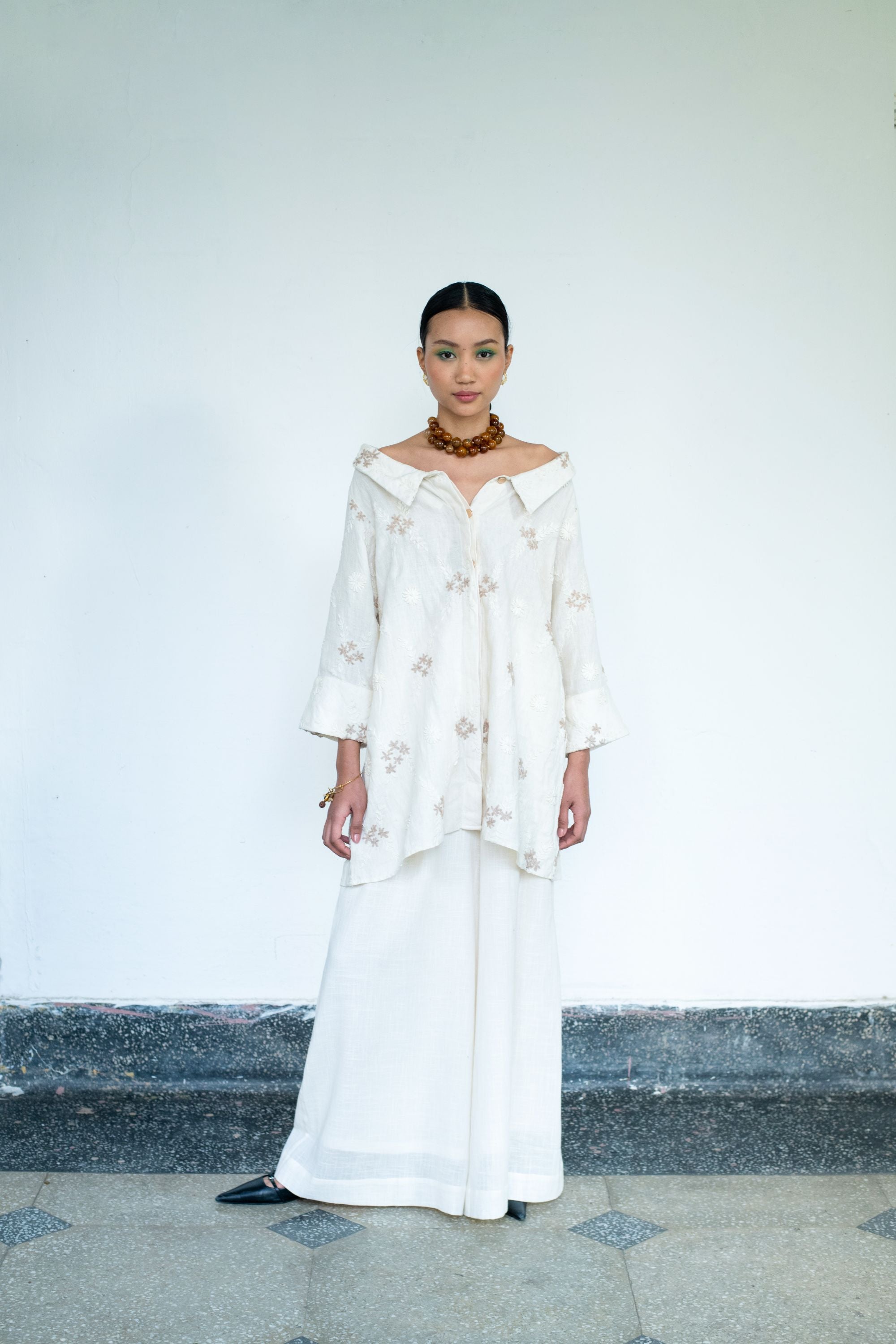 Embroidered Linen Portrait Collar Shirt with Flared Pants