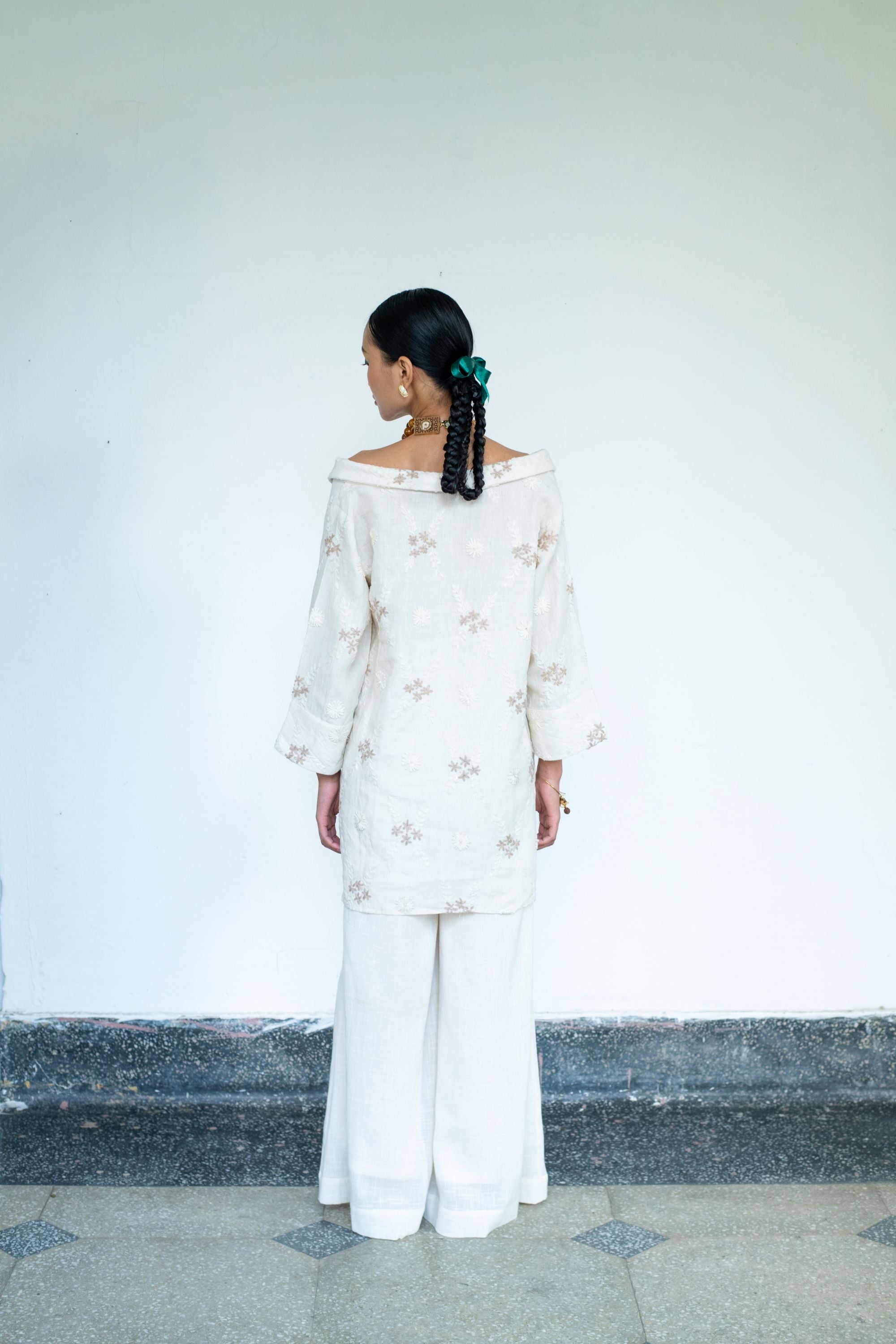 Embroidered Linen Portrait Collar Shirt with Flared Pants