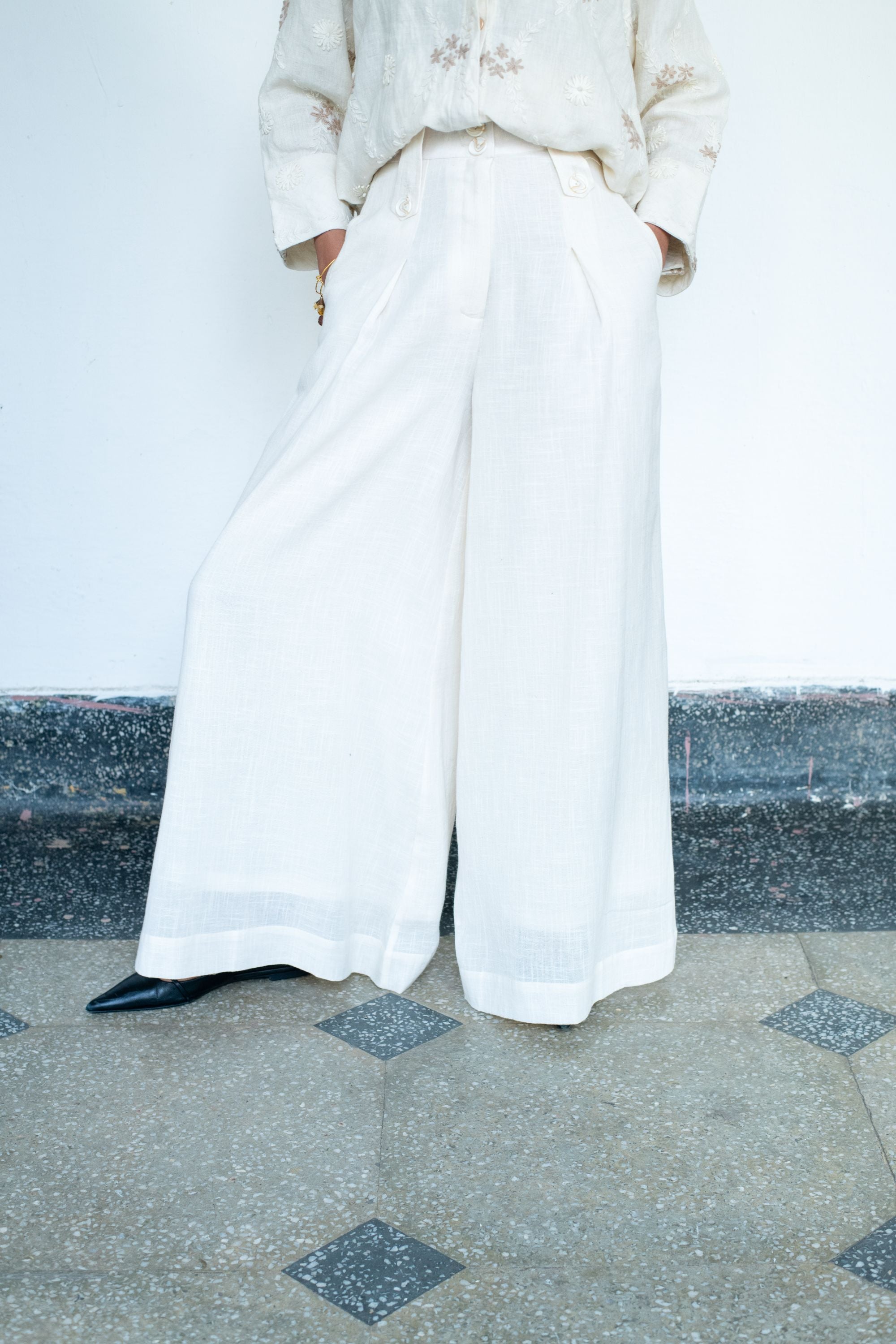 Embroidered Linen Portrait Collar Shirt with Flared Pants