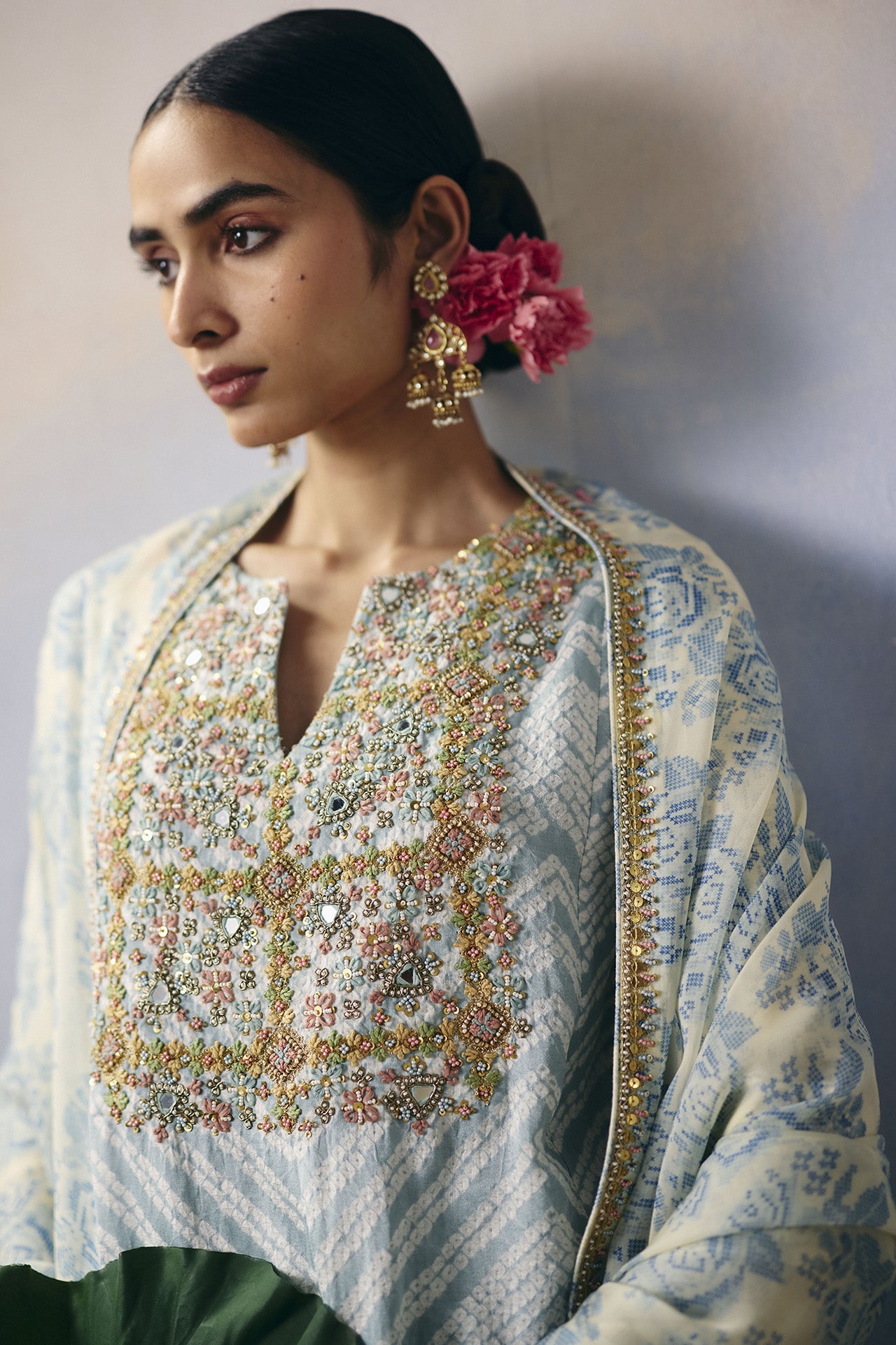 Blue Bandhej Kurta Pant Set With Dupatta