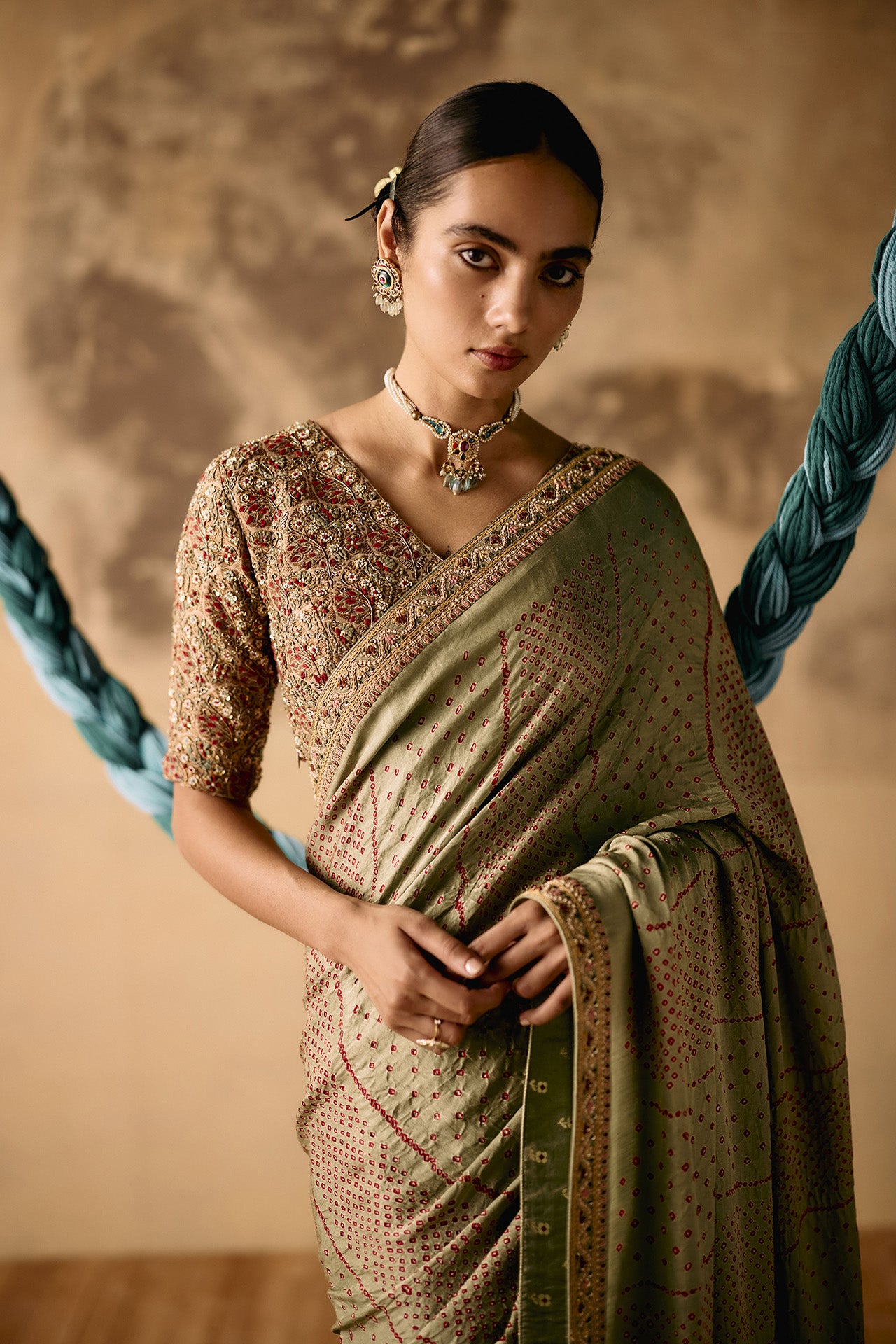 Sage Green Bandhani Saree