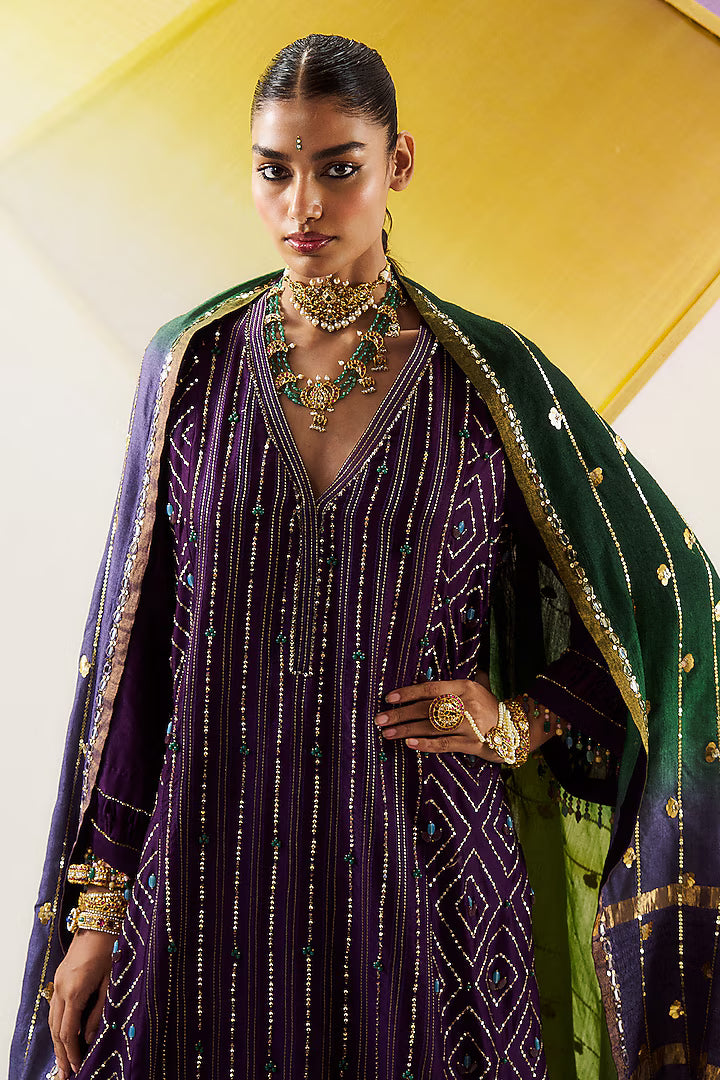 Purple Chanderi Silk Sequins Embroidered Sharara Set