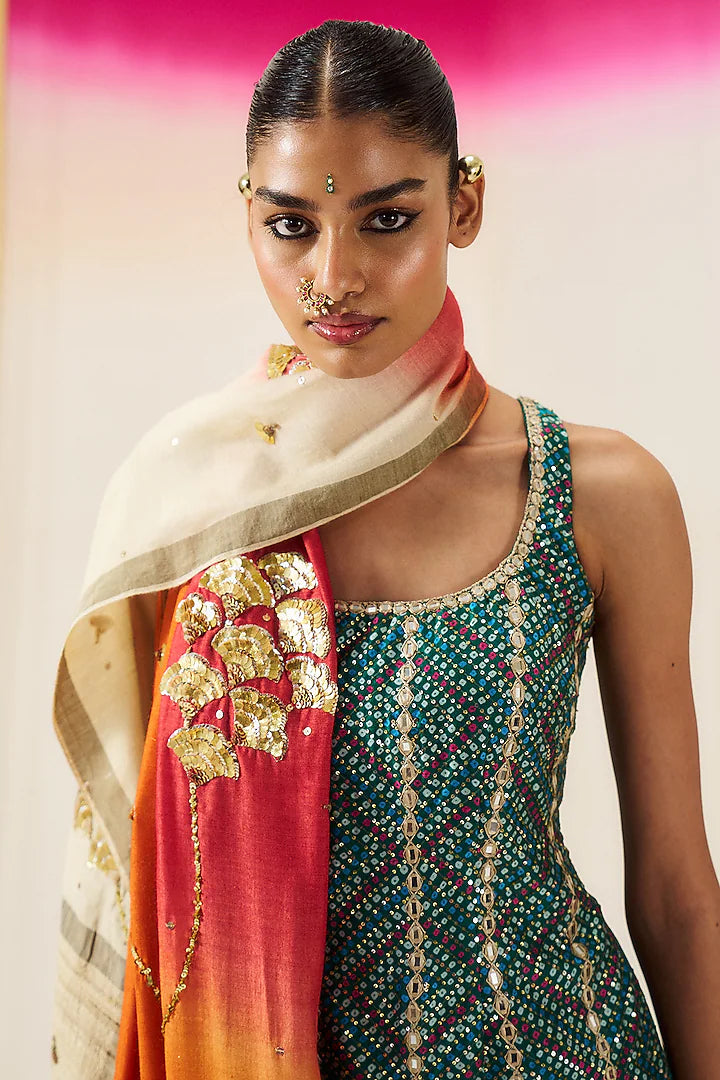 Fuchsia & Coral Orange Ombre Chanderi Silk Gharara Set