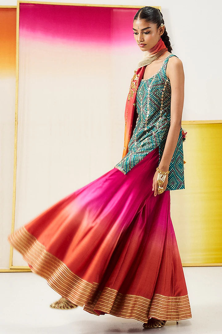 Fuchsia & Coral Orange Ombre Chanderi Silk Gharara Set