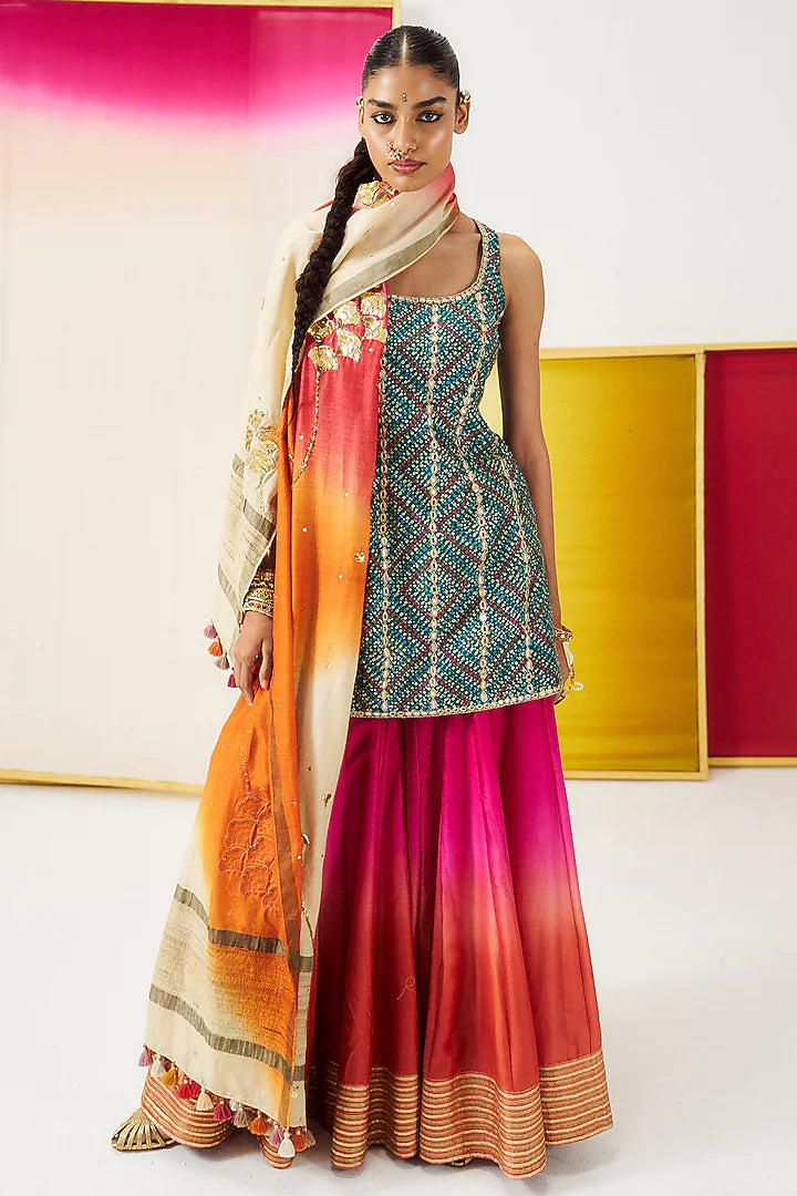 Fuchsia & Coral Orange Ombre Chanderi Silk Gharara Set