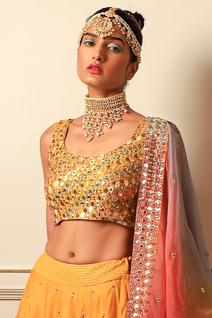 Mango Yellow Silk Hand Embroidered Lehenga Set
