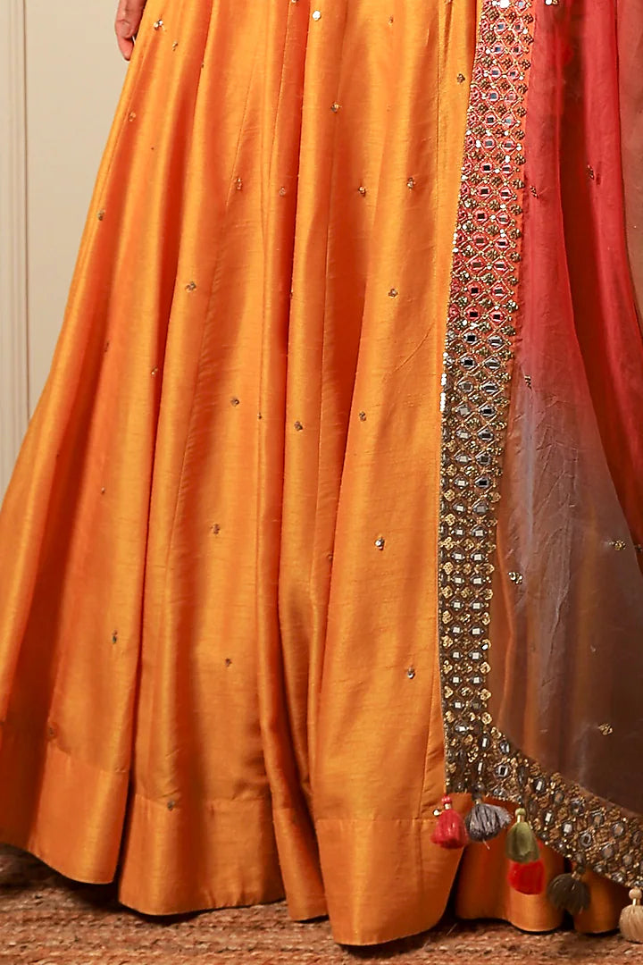 Mango Yellow Silk Hand Embroidered Lehenga Set
