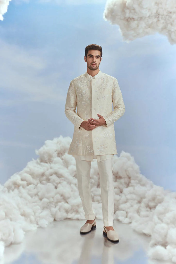 Buy Ivory Mehtab Bagh Jaal Short Sherwani Set For Men Deval Store