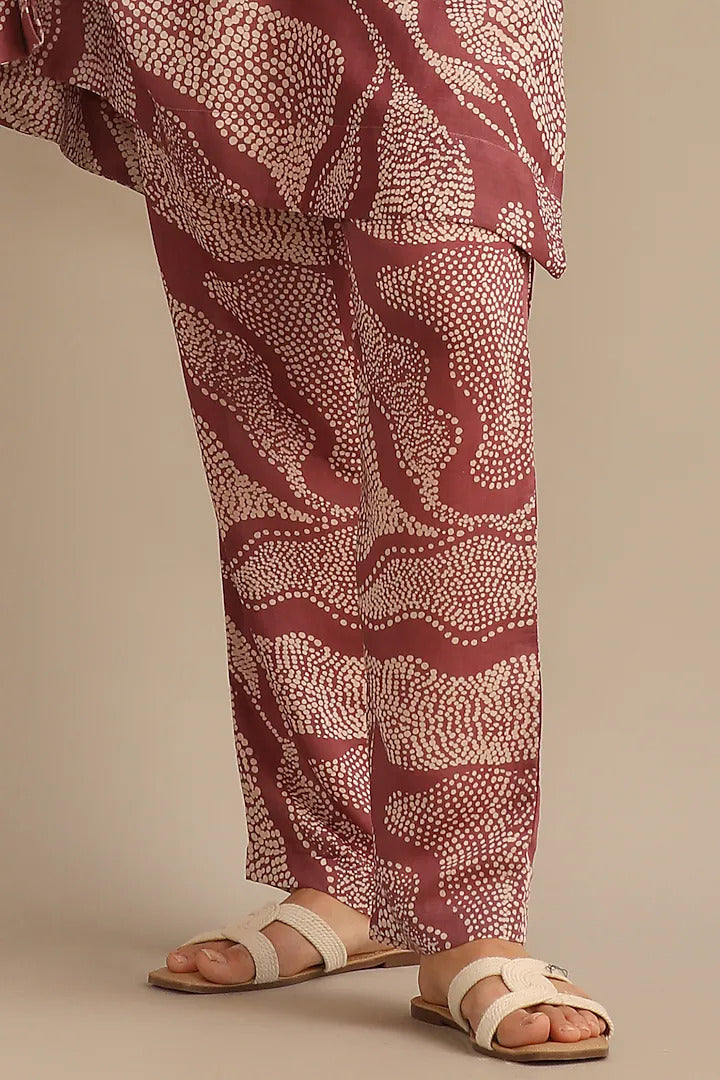 Lavender Cotton Silk Printed Landscape Kaftan Set