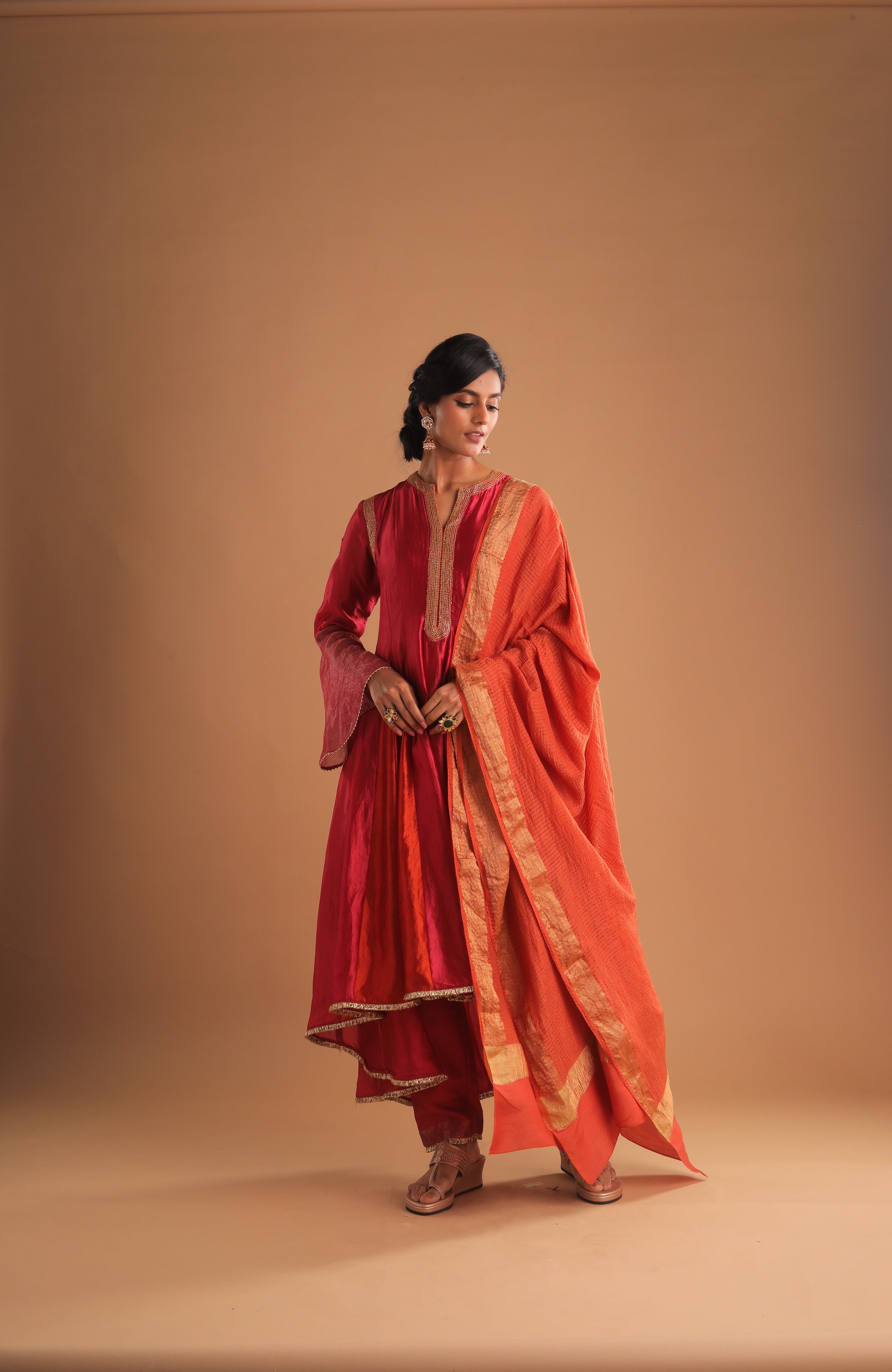 MULTI GODET LONG KURTA WITH TIKKI HANDWORK ON NECK SET