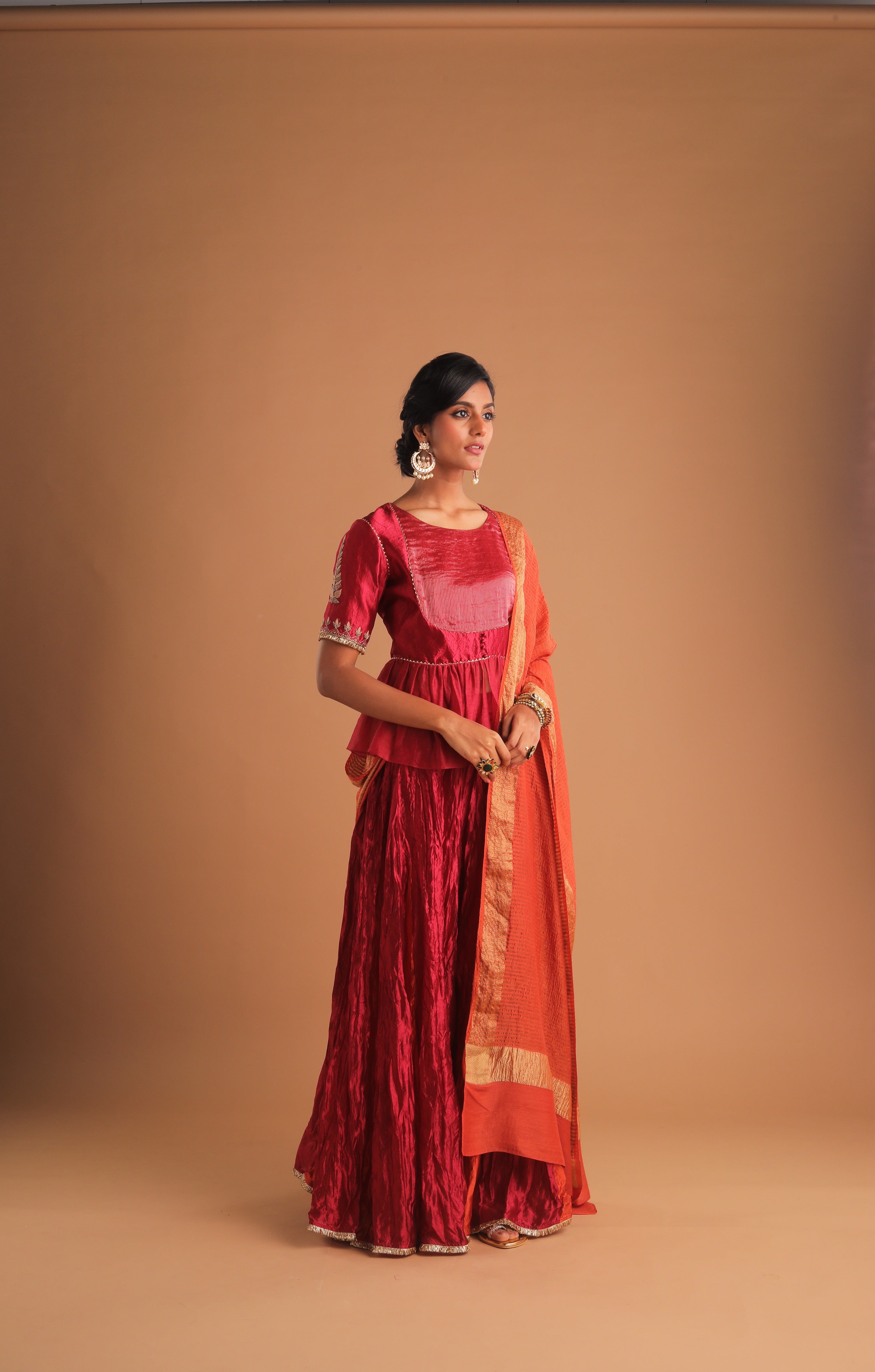 MATKA YOKE SILK CHOLI WITH GODET LEHENGA AND DUPATTA