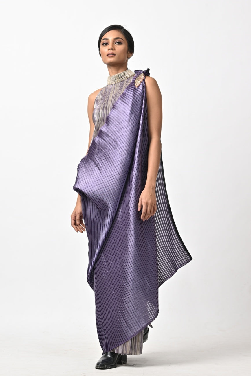 Mauve Pleated Drape With Striped Long Dress With Collar Detail