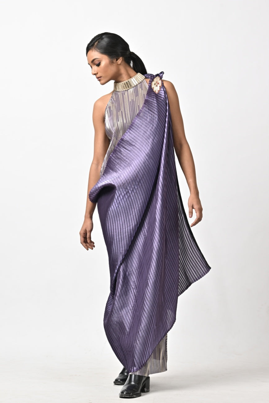 Mauve Pleated Drape With Striped Long Dress With Collar Detail