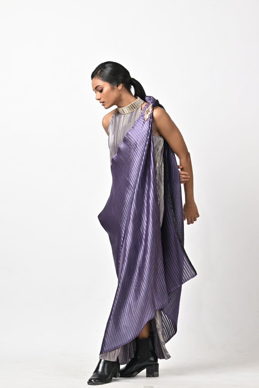 Mauve Pleated Drape With Striped Long Dress With Collar Detail
