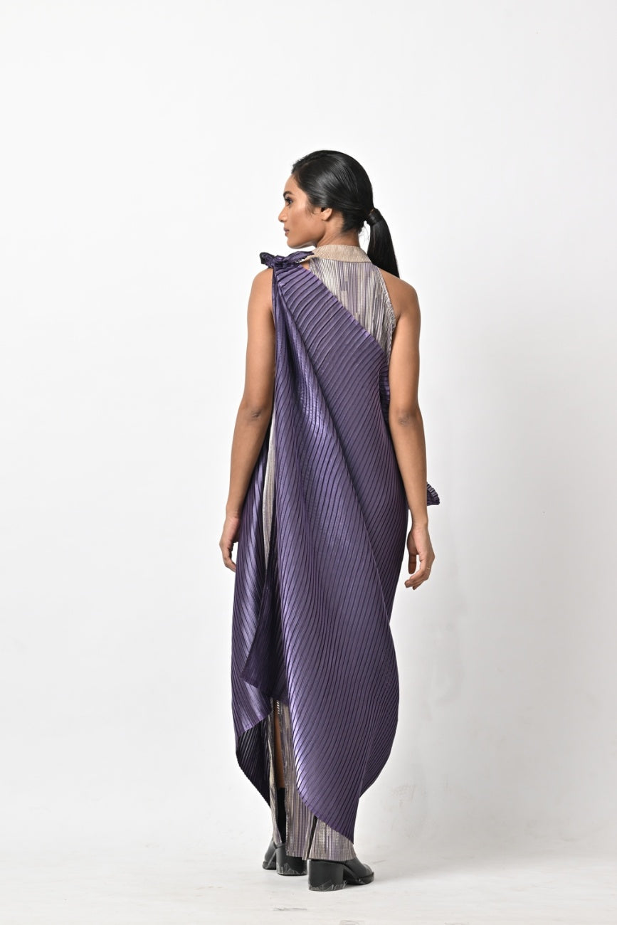 Mauve Pleated Drape With Striped Long Dress With Collar Detail