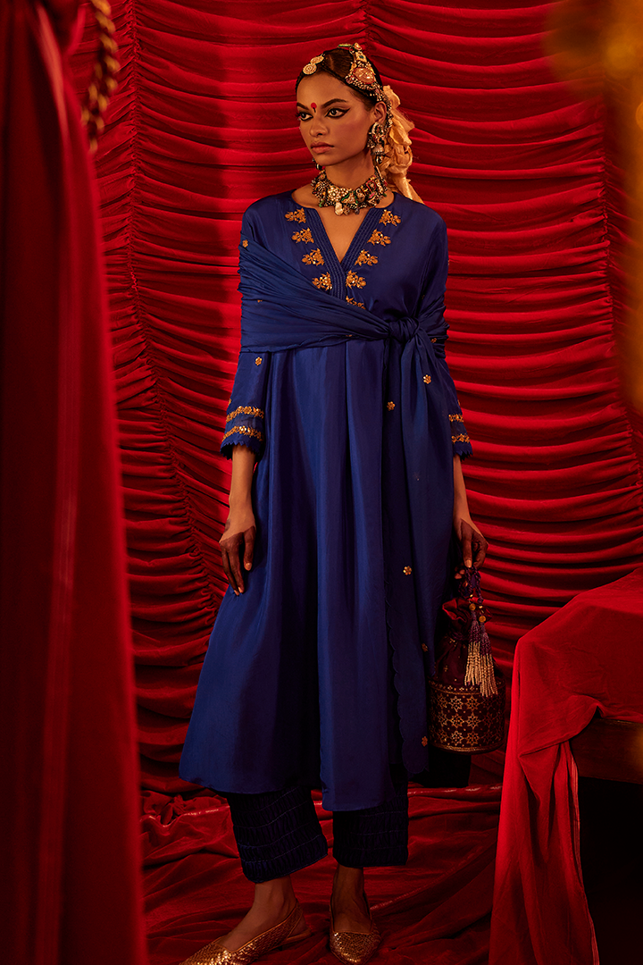 Elegant Blue Embroidered Silk Organza Kurta Pant Dupatta Set for Women