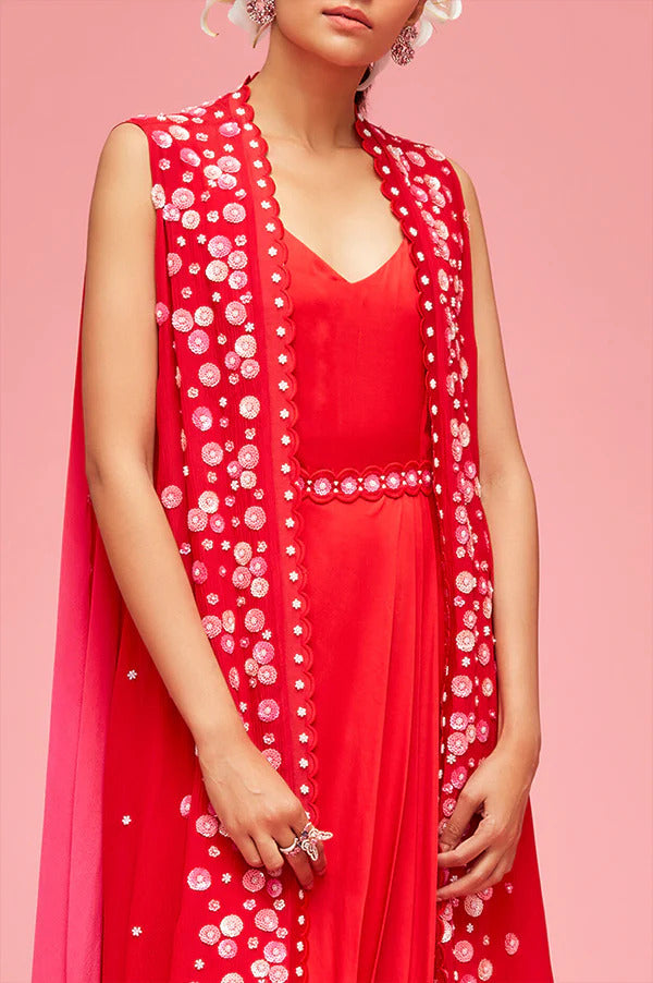 Red Pink Izmir Cape Jacket With Draped Dress