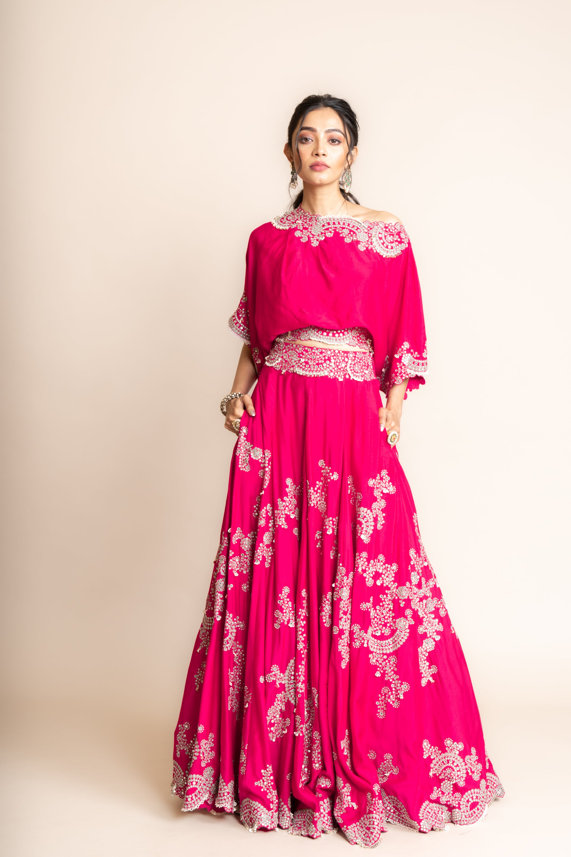 Light Off-Shoulder Top & Heavy Bias Lehenga Set