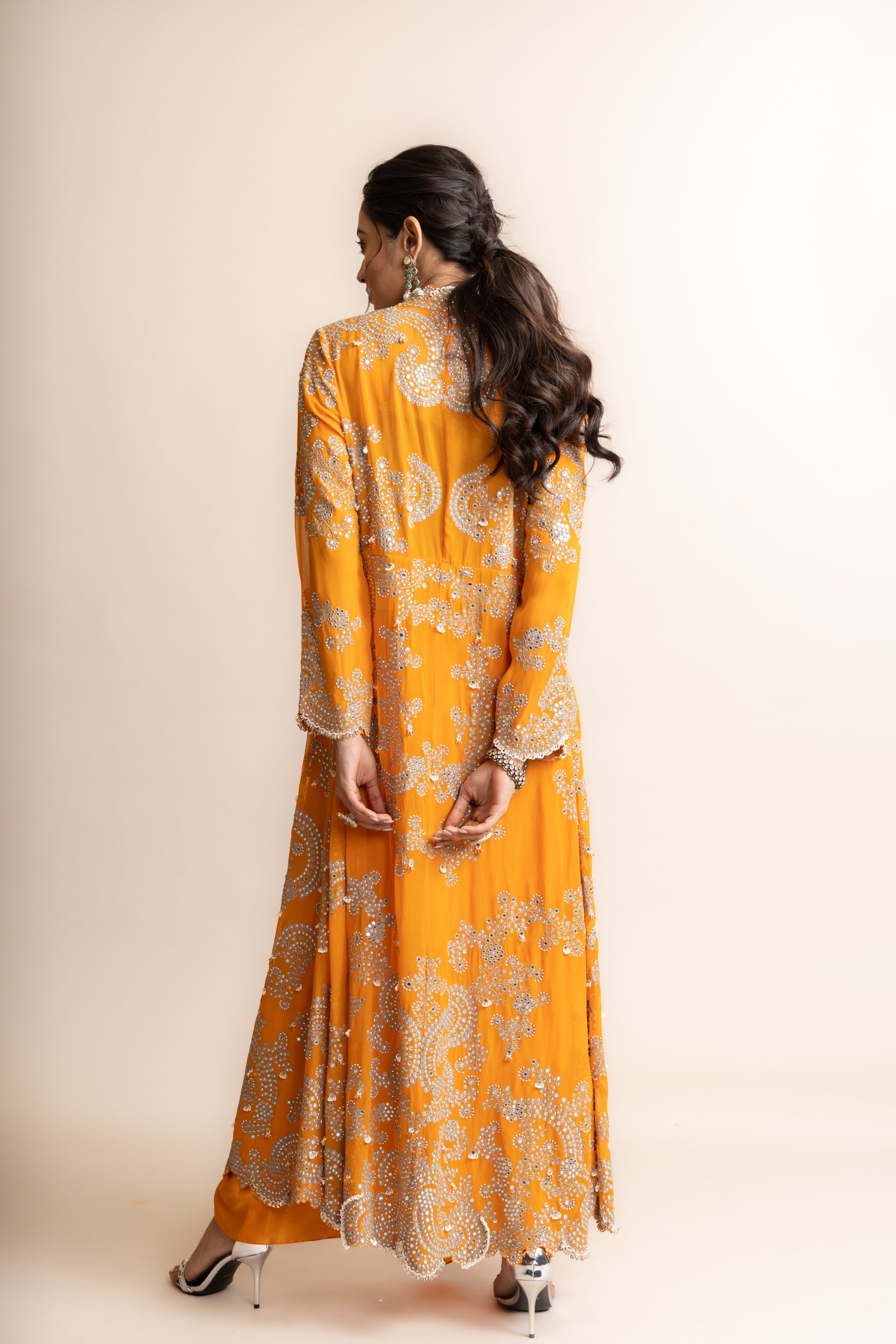 Orange Crepe & Georgette Hand Embroidered Long Jacket Set