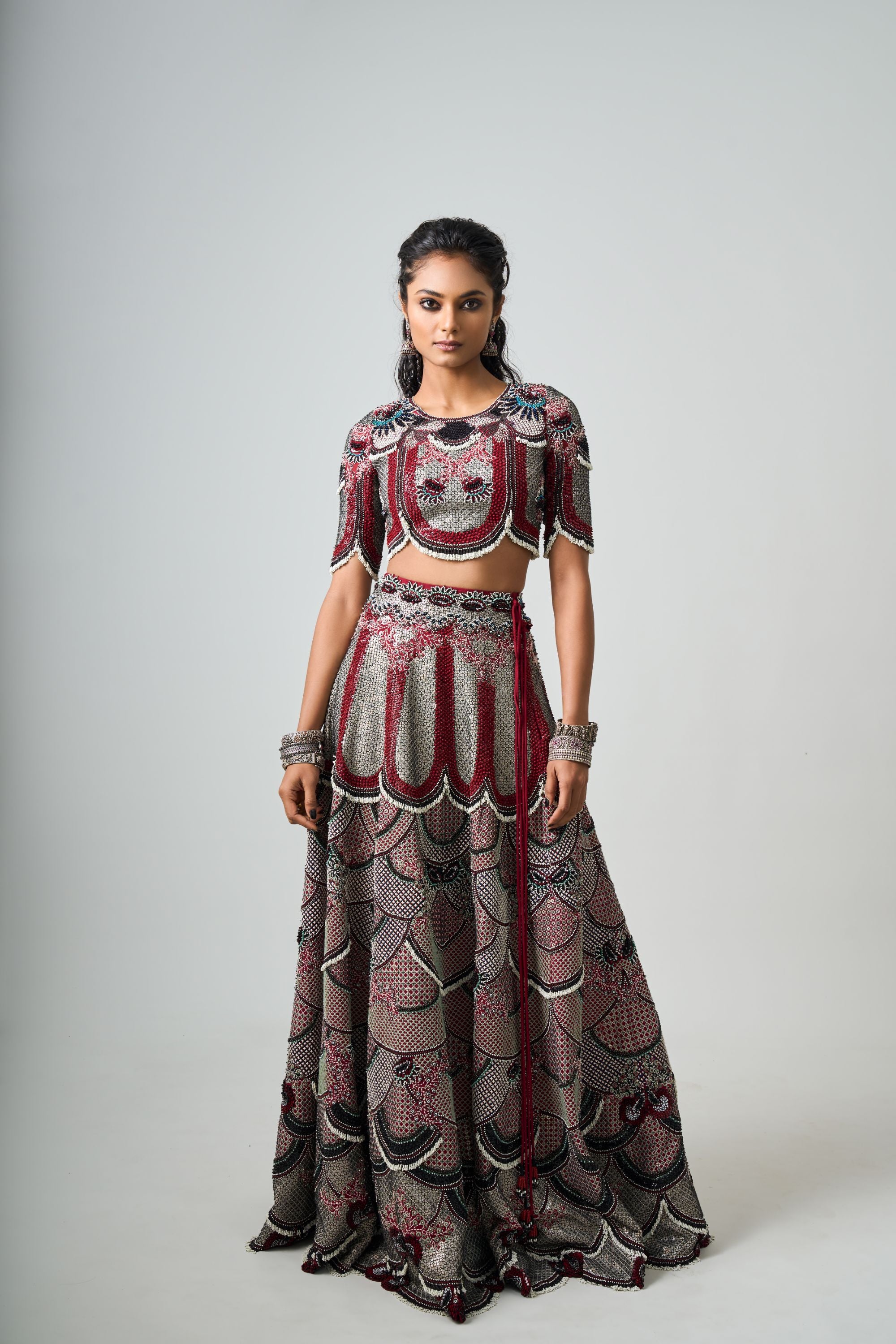 Burgundy Hand-Embroidered Lehenga Set