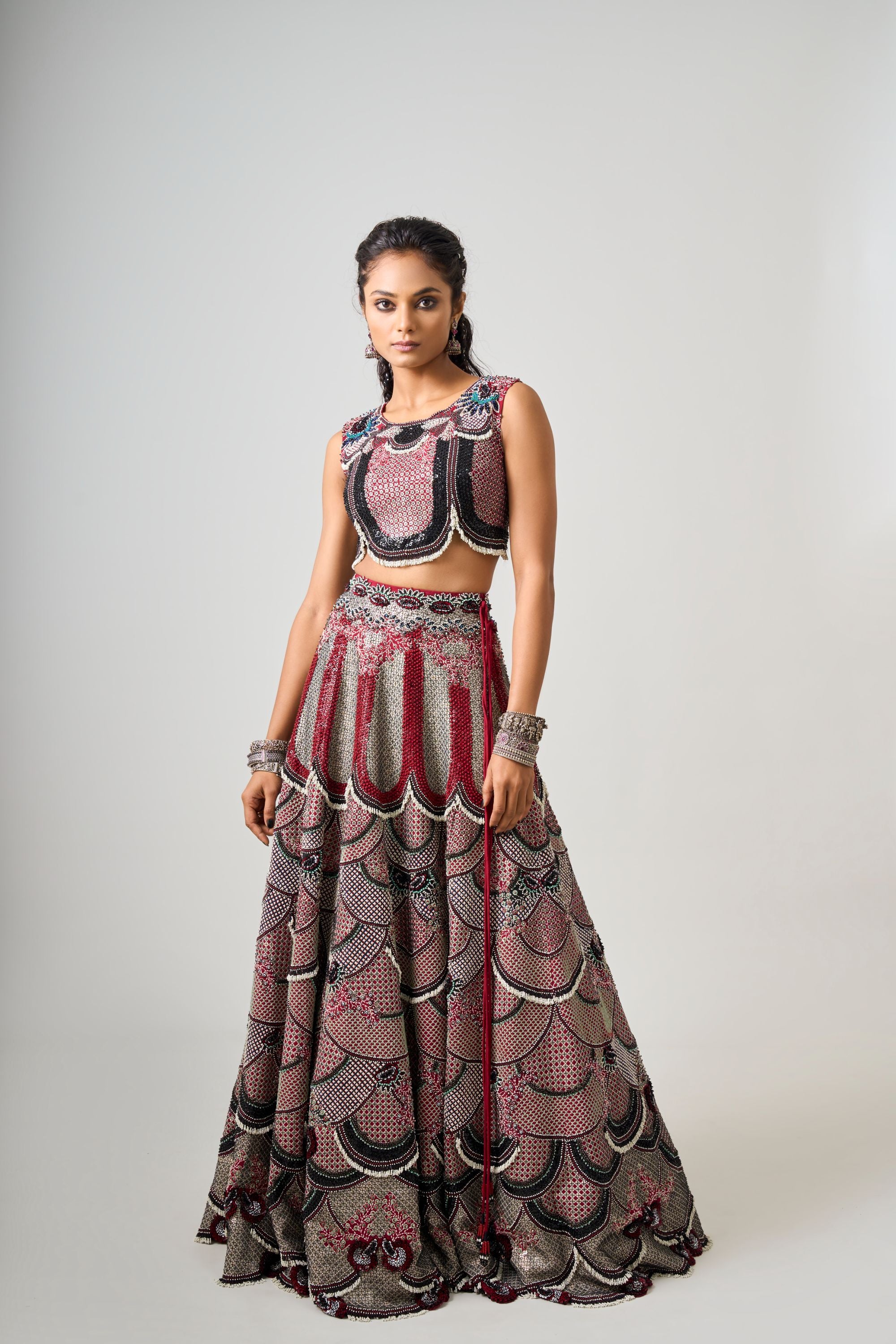 Burgundy Hand-Embroidered Lehenga Set