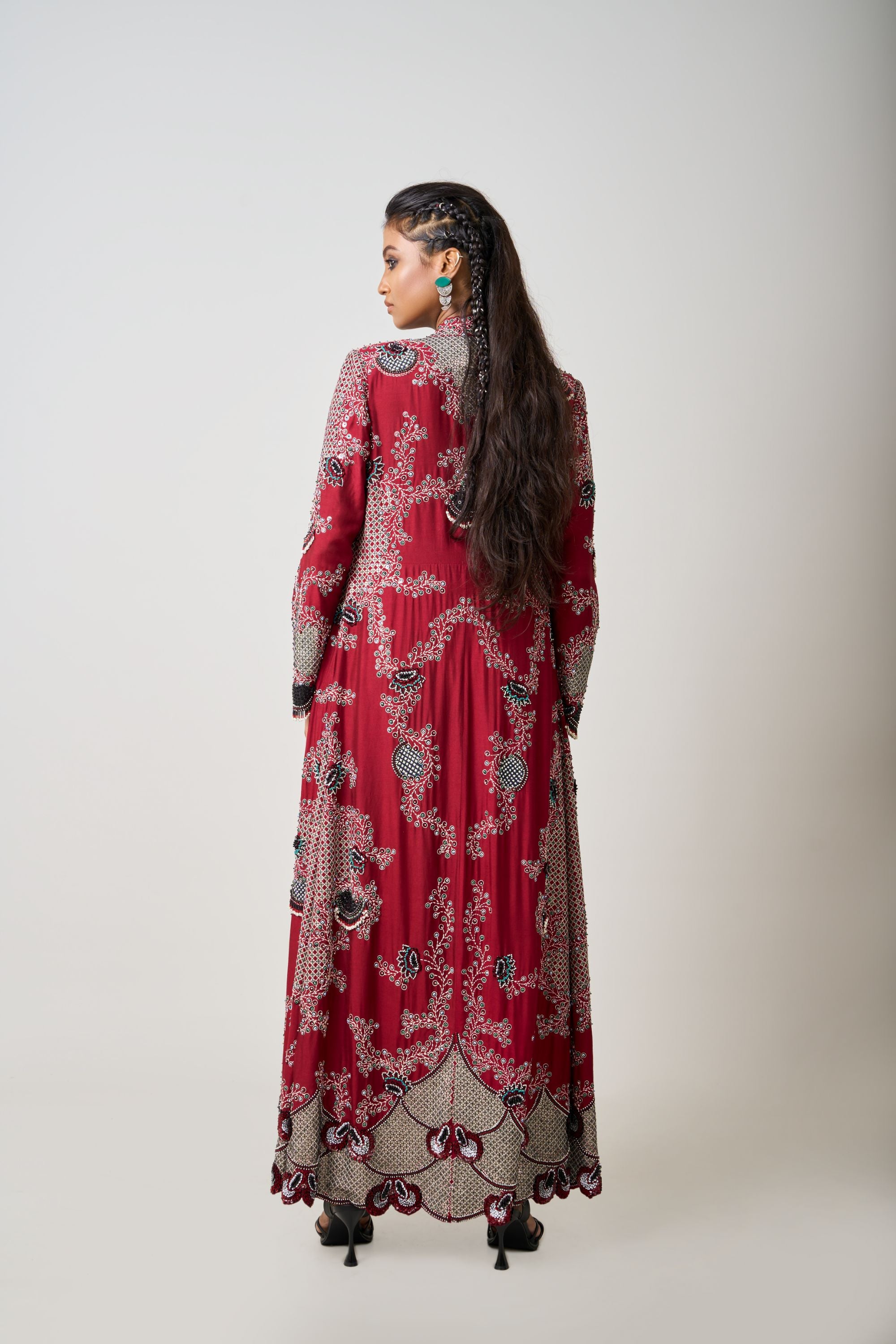 Burgundy Hand-Embroidered Long Jacket With Bustier And Pick Up Skirt