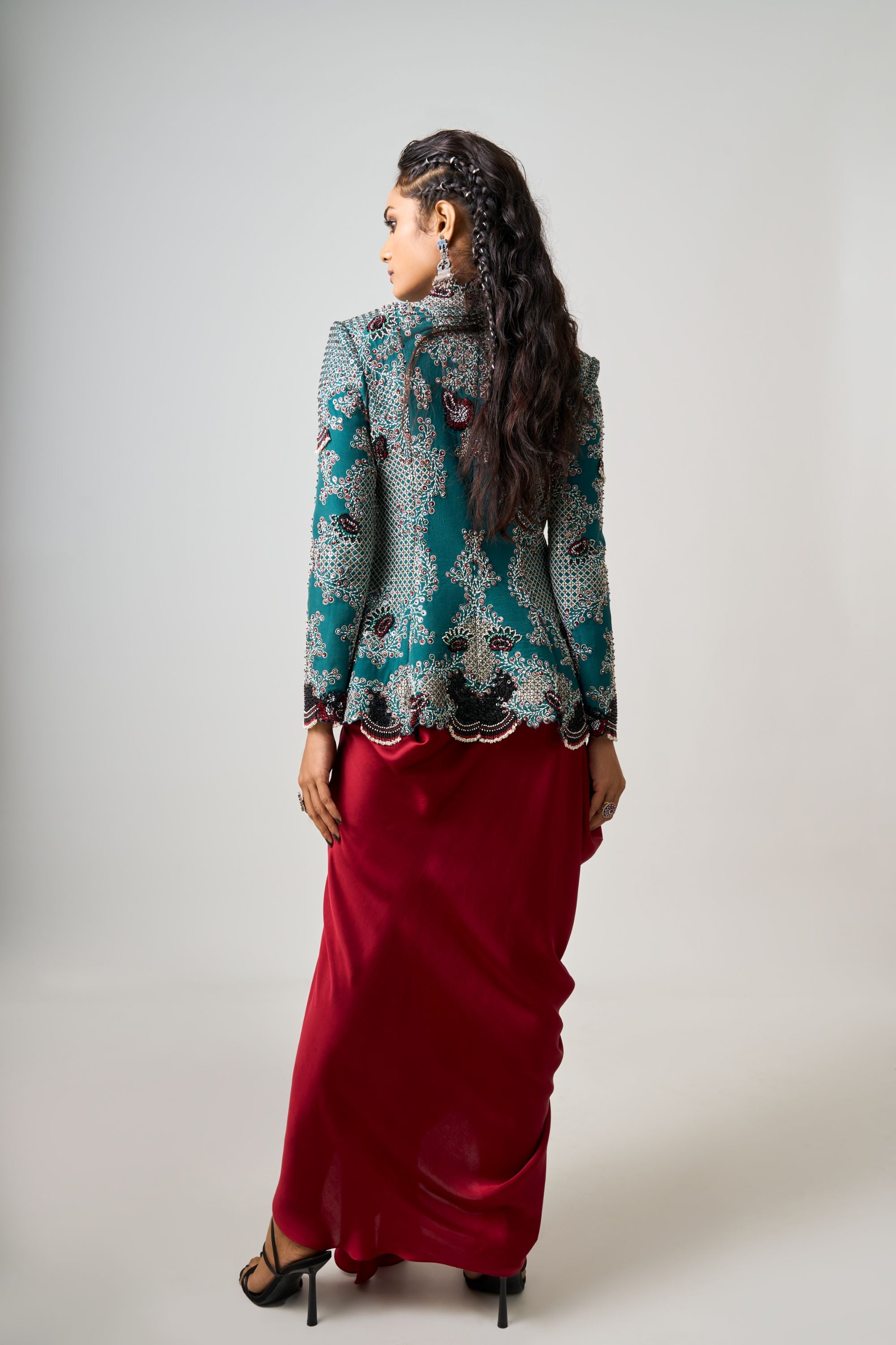 Teal Hand-Embroidered Peplum Jacket With Burgundy Cowl Skirt