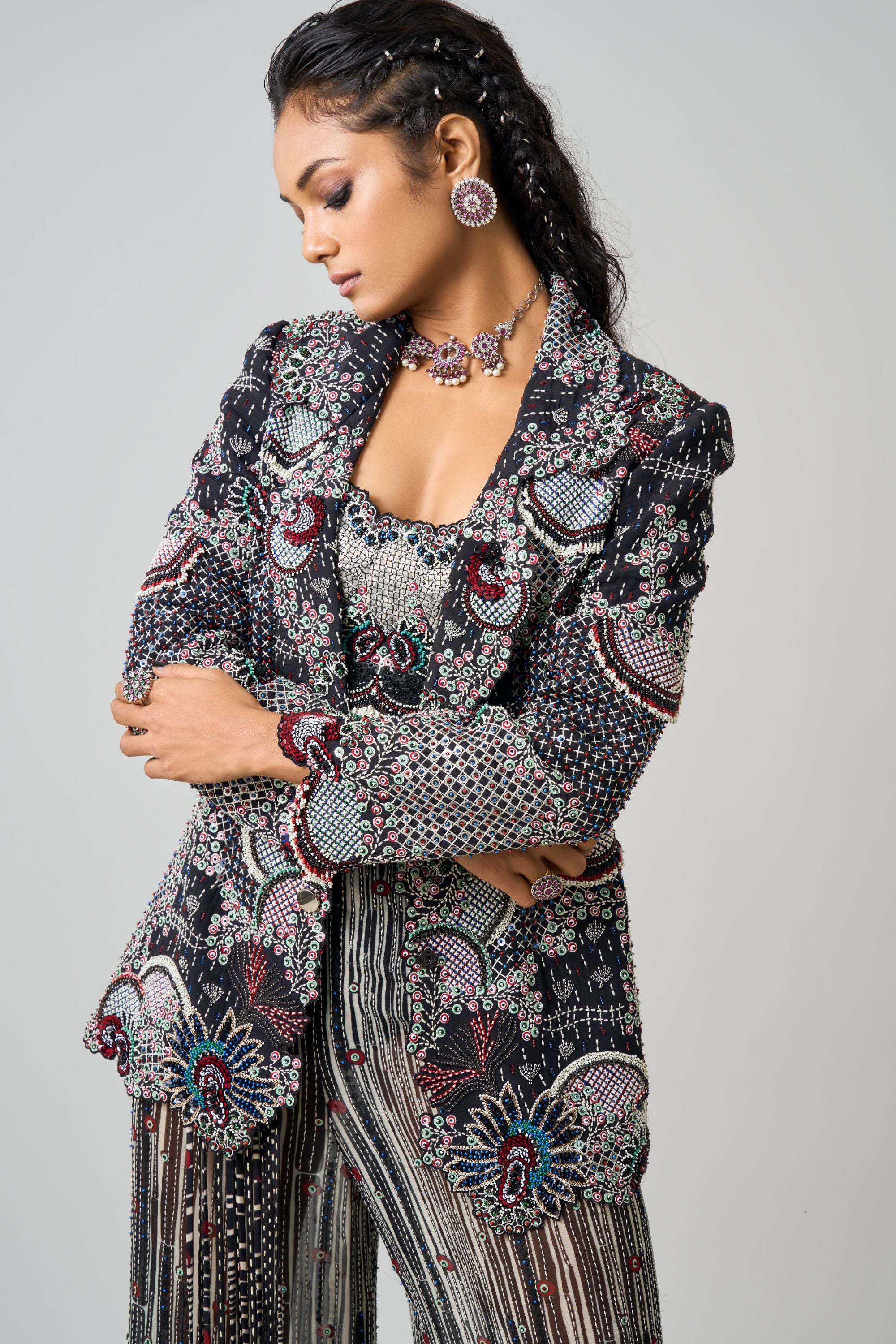 Black Hand-Embroidered Blazer With Bustier And Printed & Kantha A-Line Pants