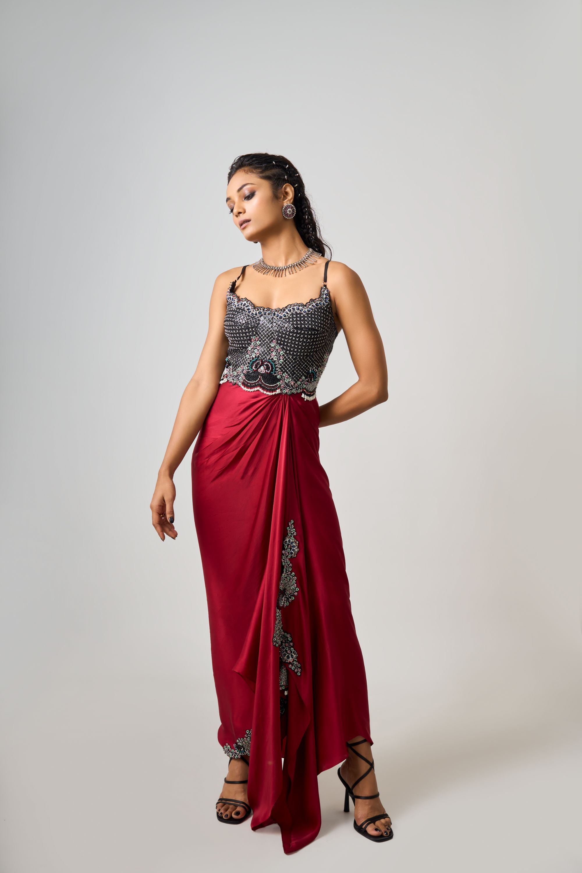 Black Hand-Embroidered Blazer With Burgundy Bustier Dress