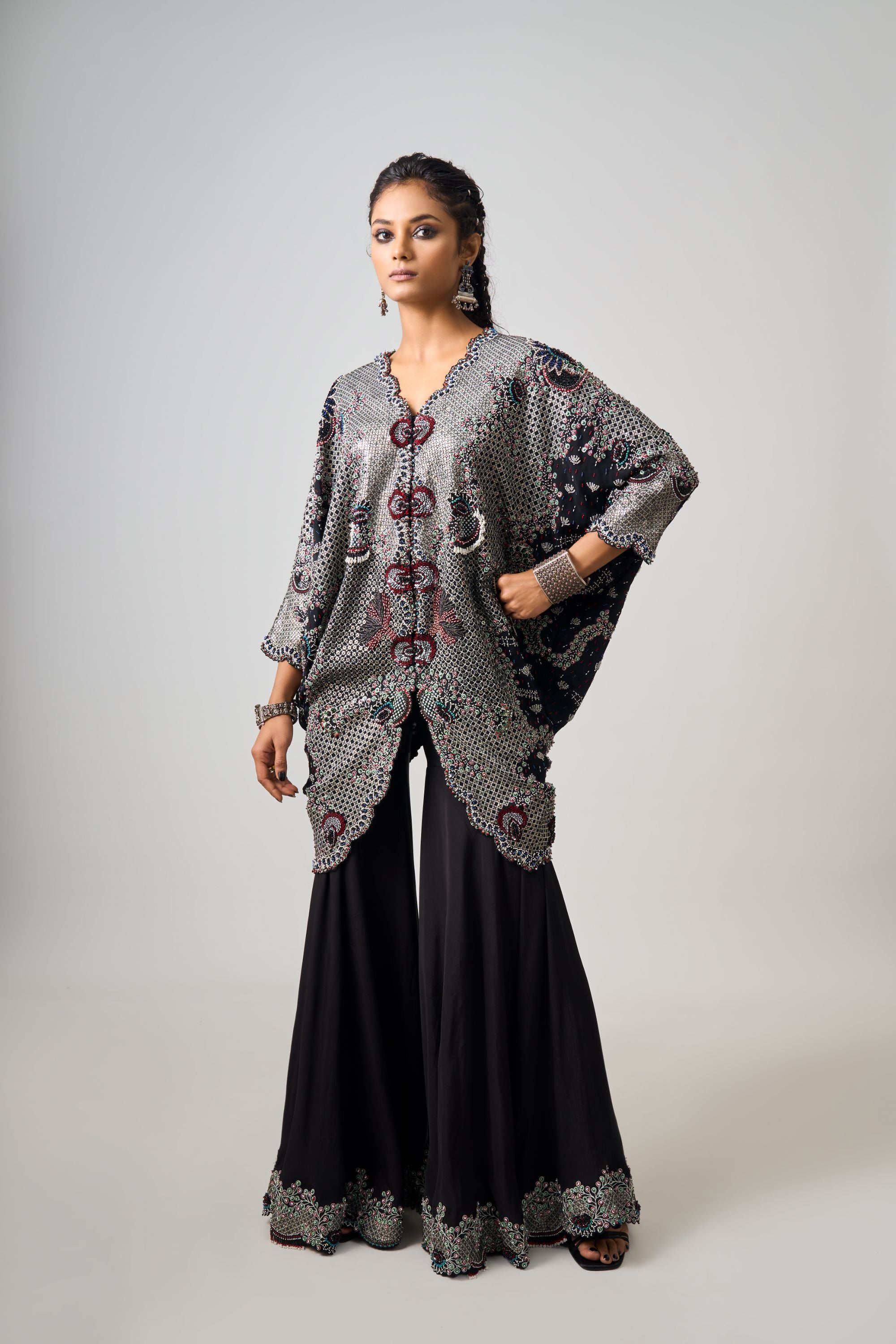 Black Hand-Embroidered Short Kite With Gharara