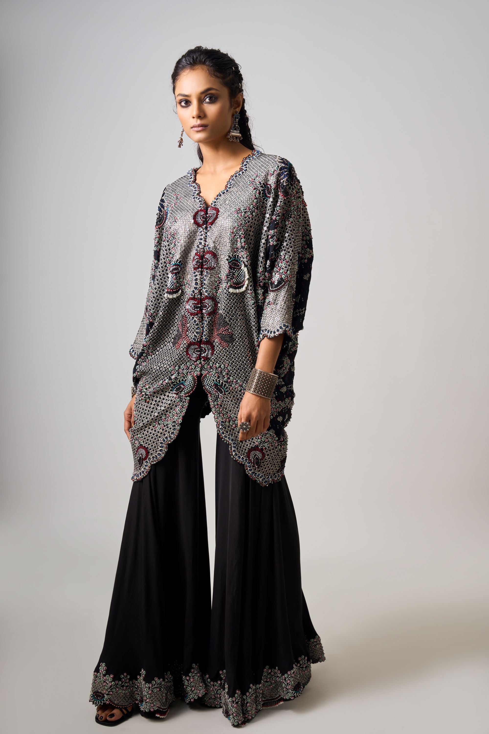 Black Hand-Embroidered Short Kite With Gharara