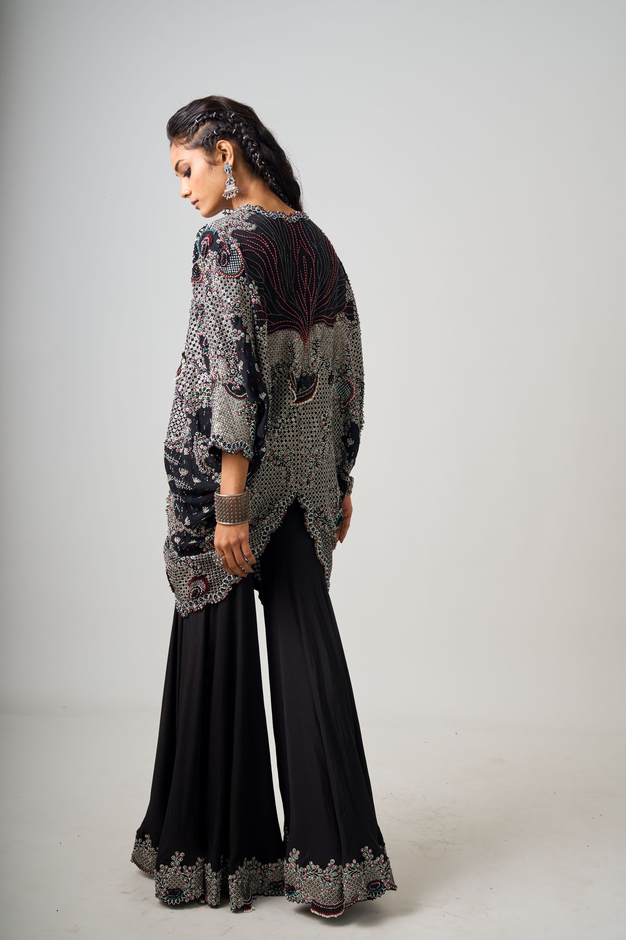 Black Hand-Embroidered Short Kite With Gharara