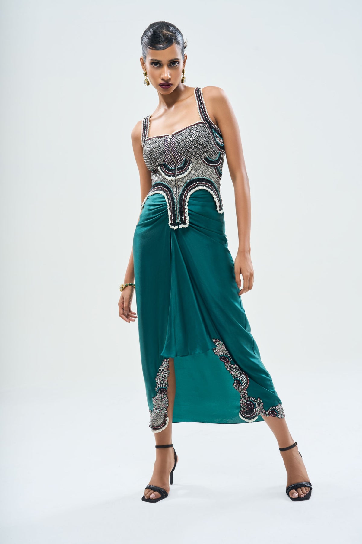 Teal Hand-Embroidered Corset With Pick Up Skirt – Deval The Multi ...