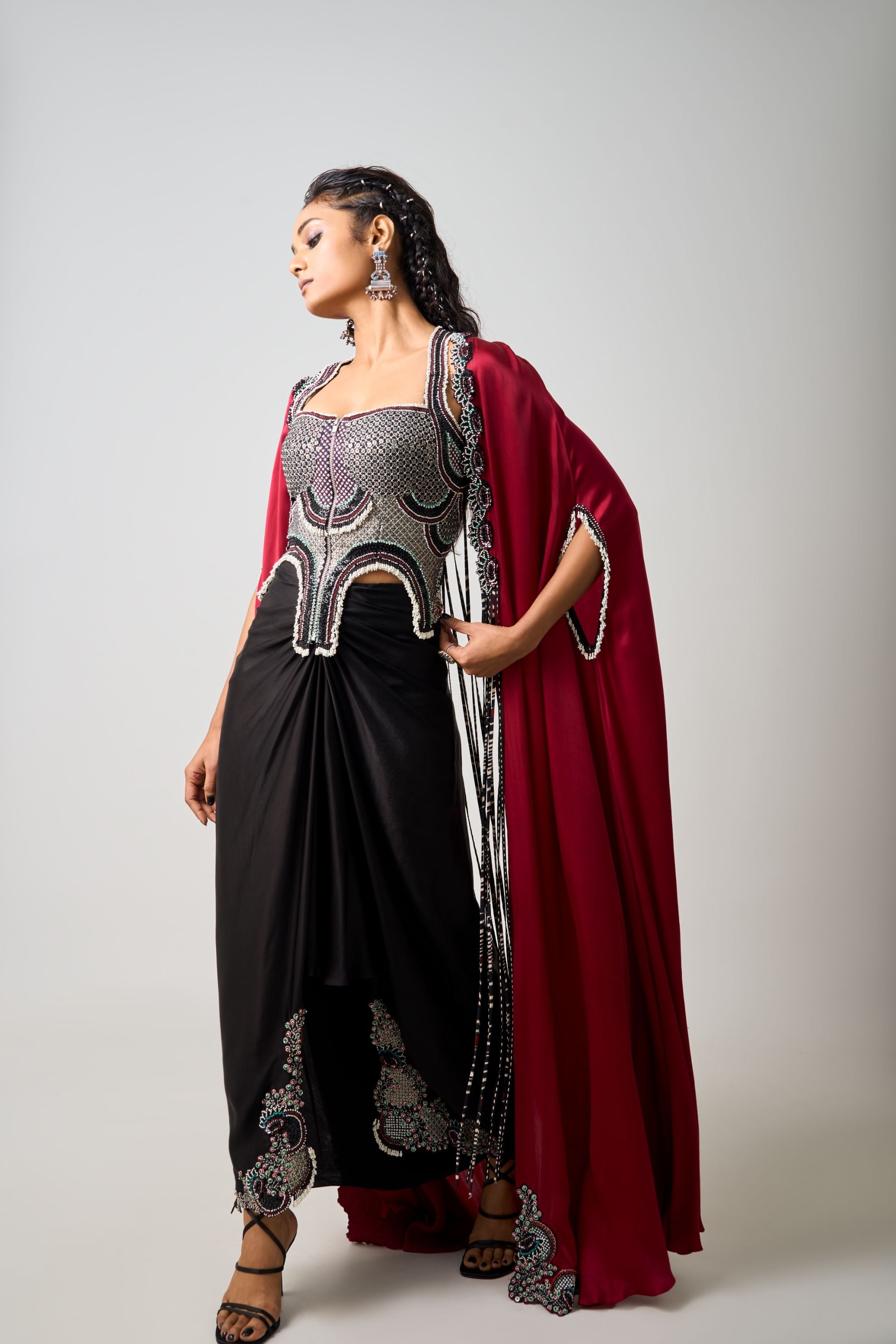 Black Hand-Embroidered Corset With Pick Up Skirt And Burgundy Slit Cape