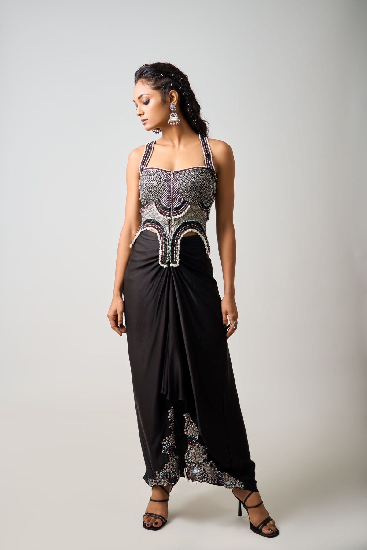 Black Hand-Embroidered Corset With Pick Up Skirt And Burgundy Slit Cap ...