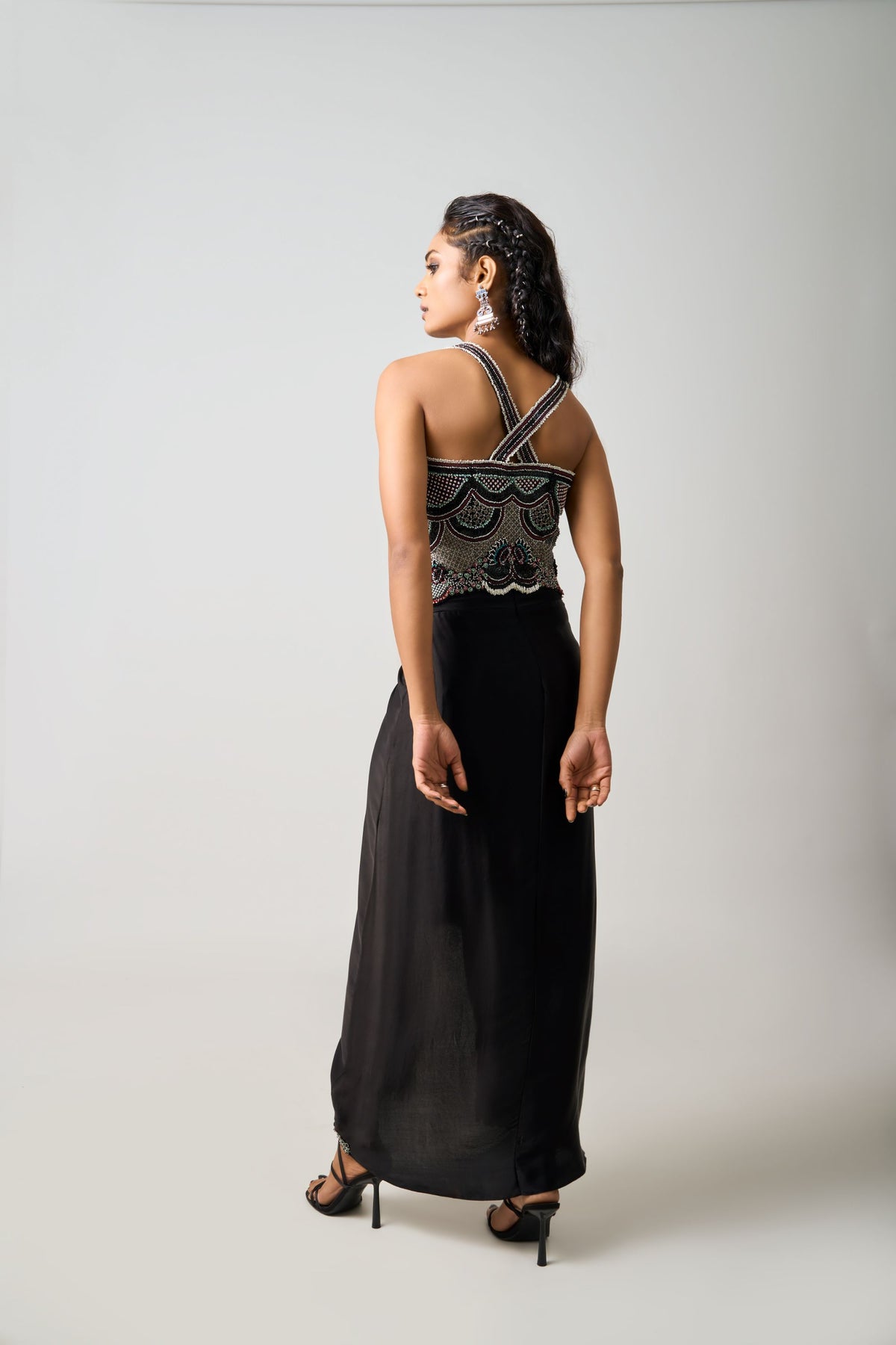 Black Hand-Embroidered Corset With Pick Up Skirt And Burgundy Slit Cap ...