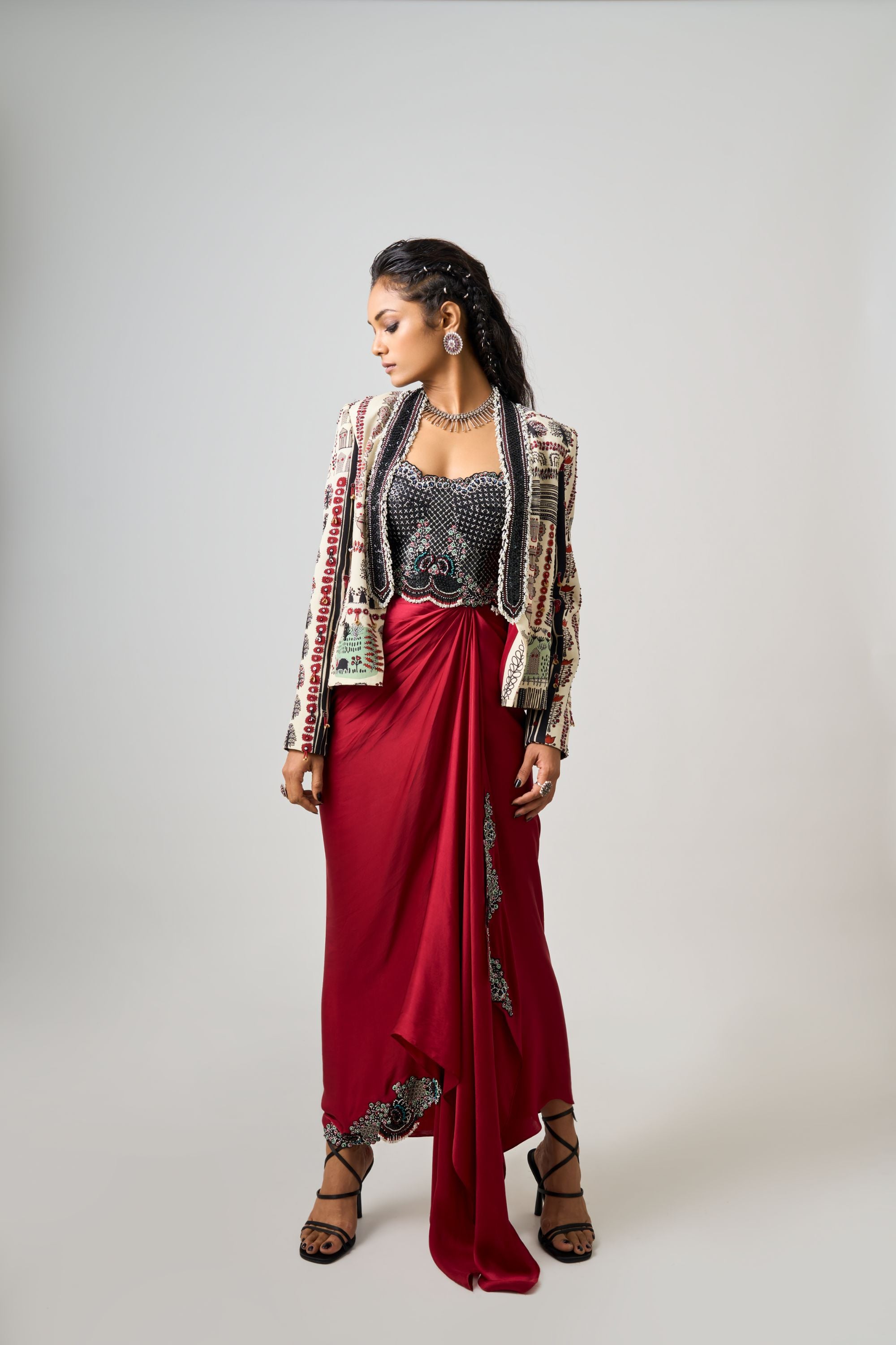 Off-White Printed & Hand-Embroidered Short Blazer With Burgundy Bustier Dress