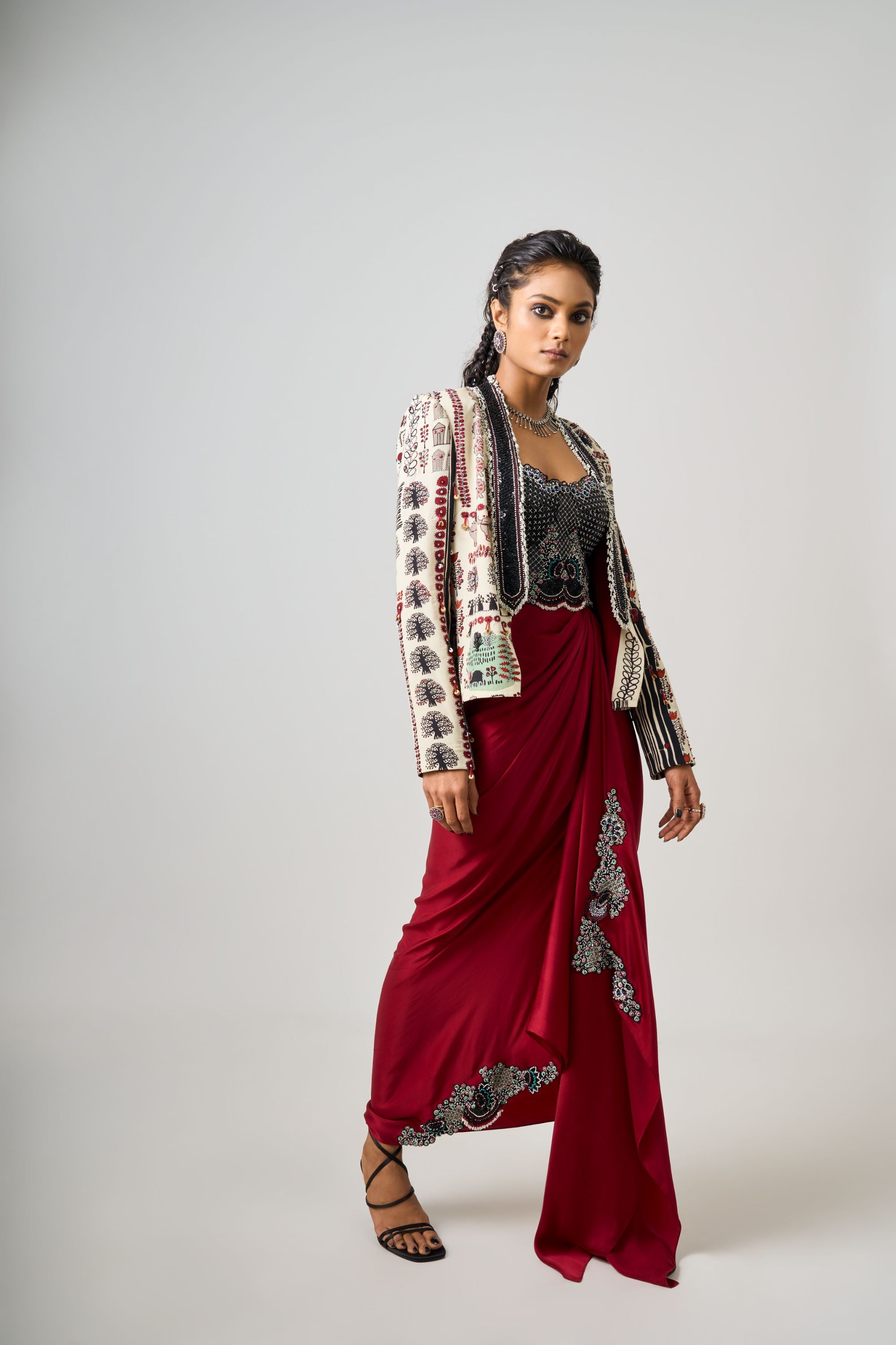 Off-White Printed & Hand-Embroidered Short Blazer With Burgundy Bustier Dress
