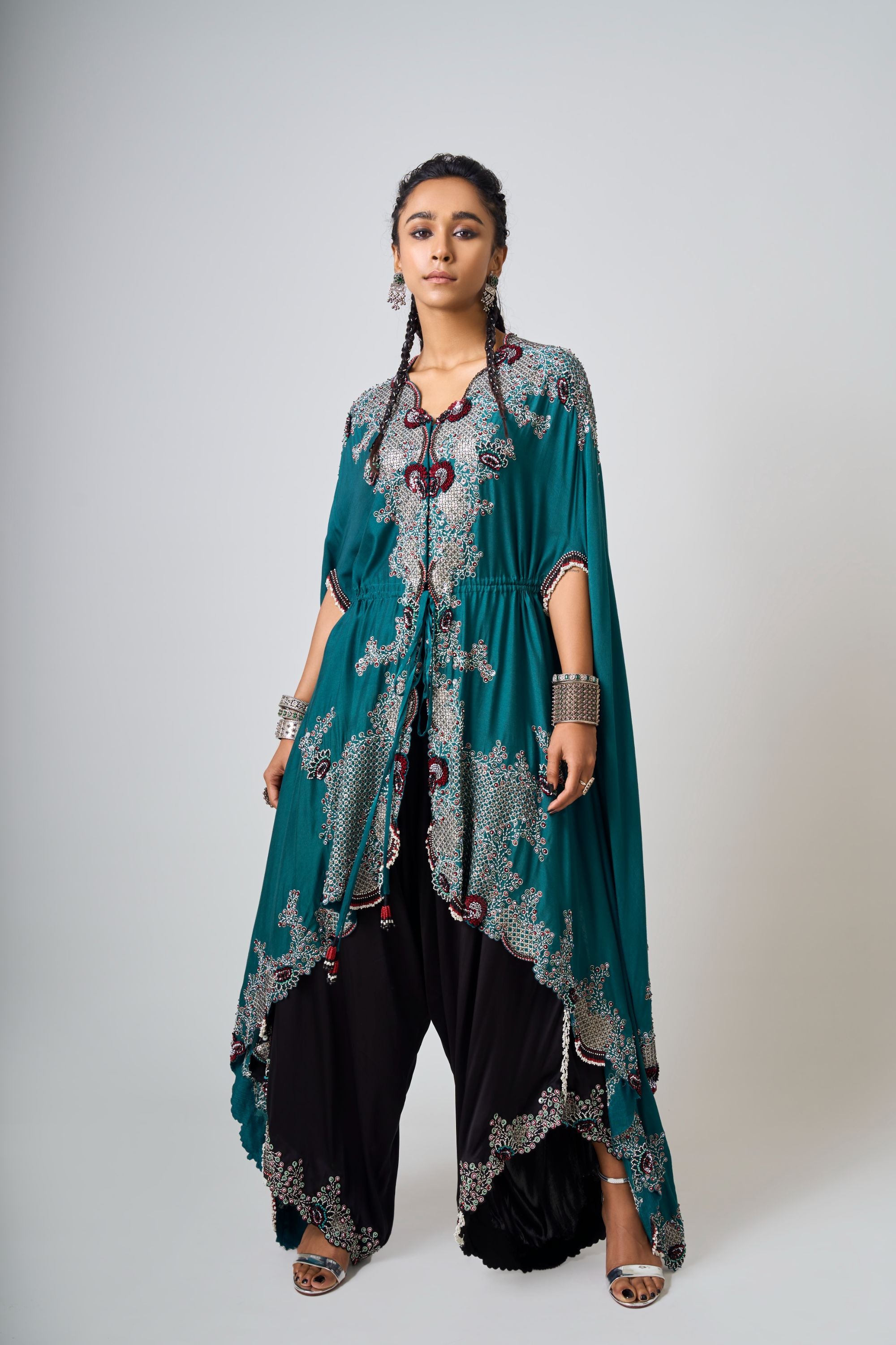 Teal Hand-Embroidered Closed Dupatta Cape With Black Drape Pants